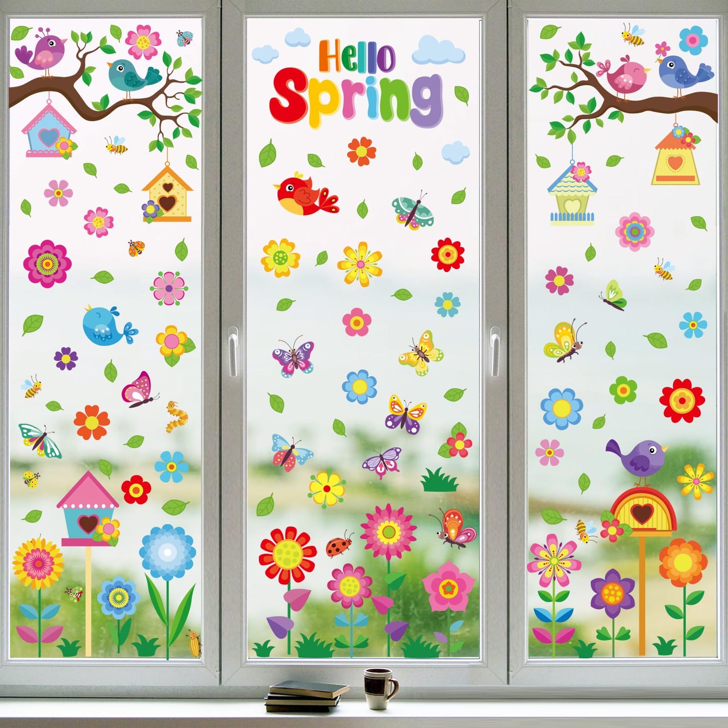 Vibrant Spring & Summer Window Clings - 9 Sheets 127PCS Removable & Double-Sided with Flowers Butterflies Birds Birdhouses - Window Stickers for Glass Windows Home Classroom Office Store Decorations