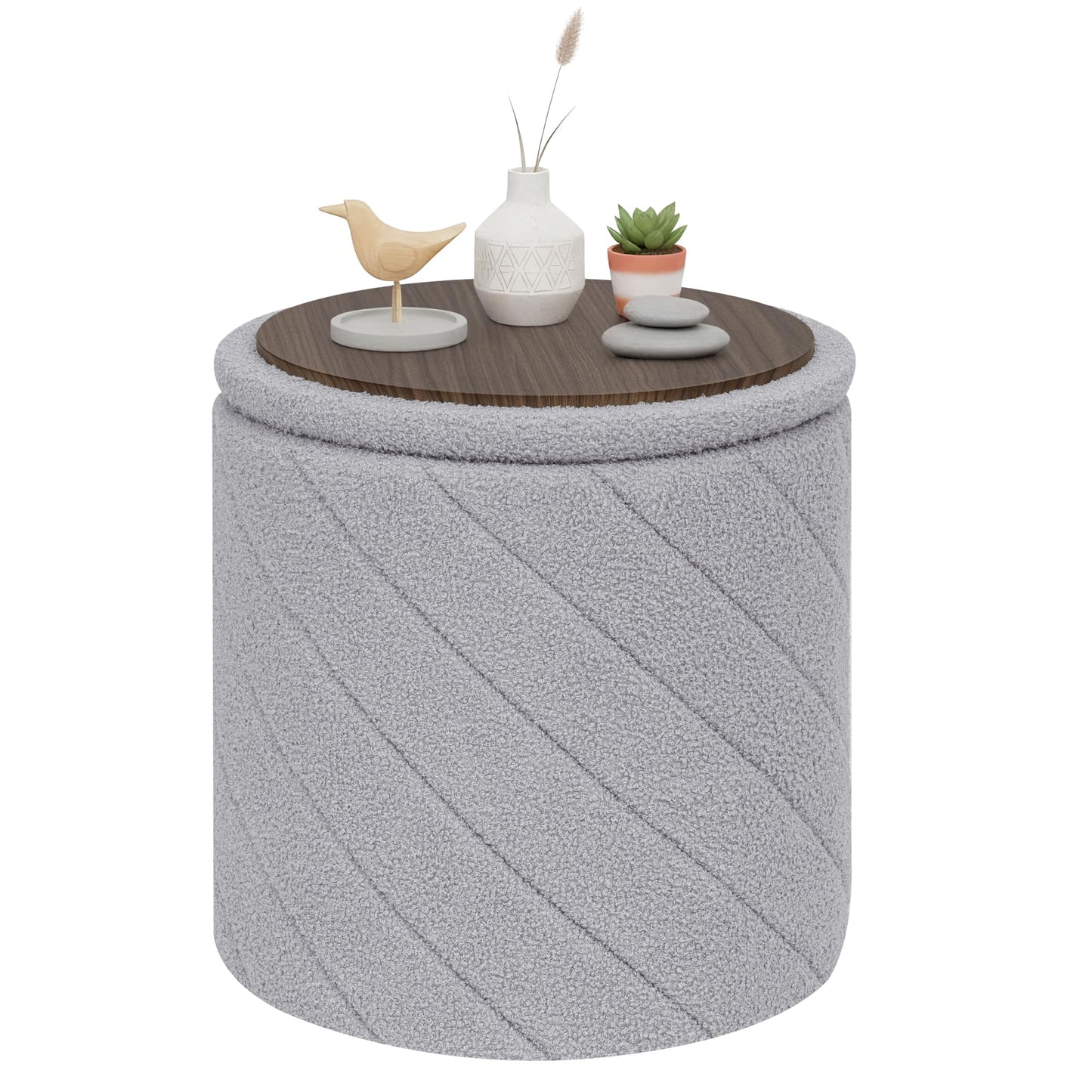 PINPLUS Ottoman with Stroage Round Boucle Ottoman and Tray Sherpa Removable Foot Stool Coffee Table for Dorm, Living Room Grey, 16.9"x16.9"x17.7"
