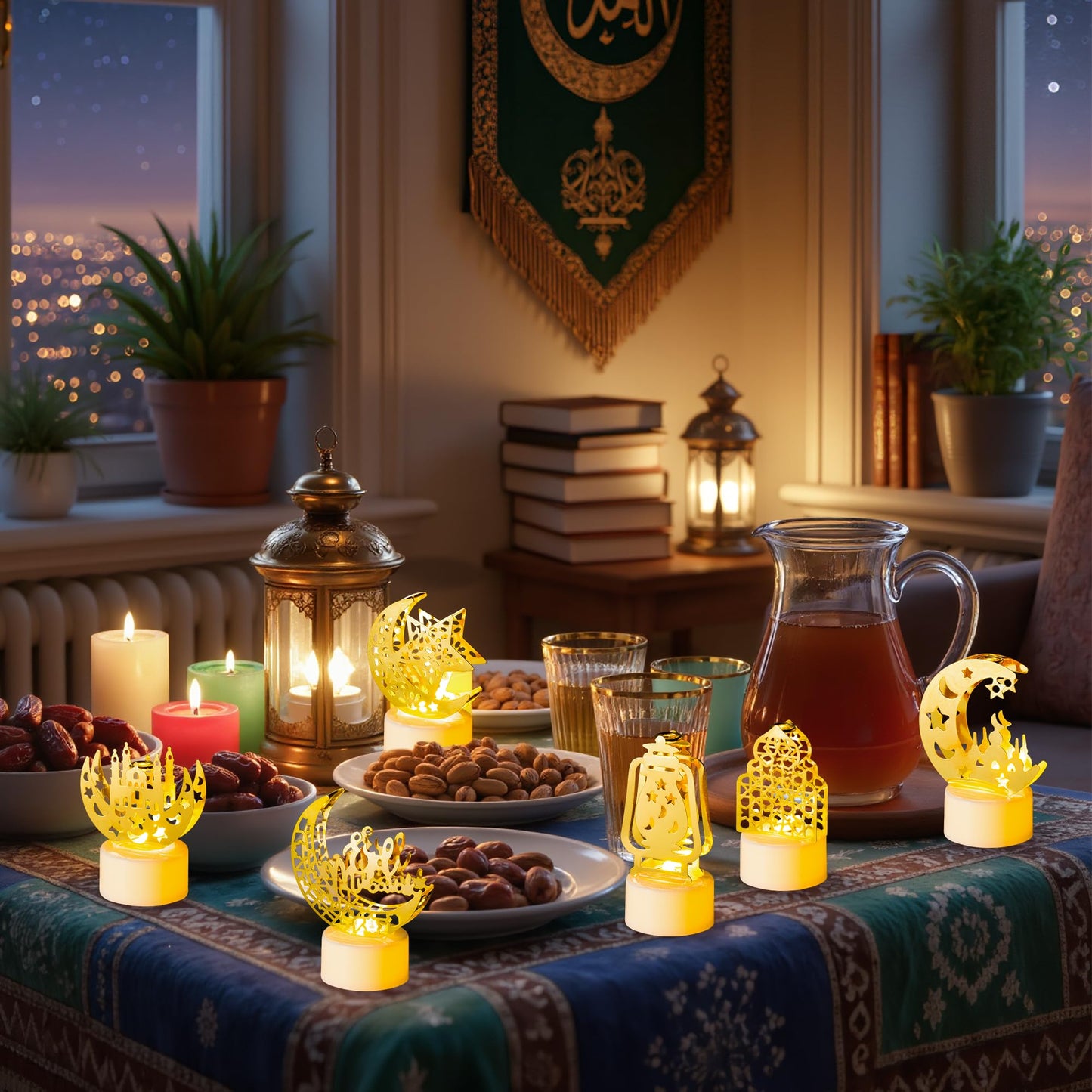 CUweipeng Ramadan Mini Lantern Lights Decoration - 6 Pcs Gold Moon Castle Lighthouse Eid Mubarak Lamp Plastic LED Night Light for Eid Ramadan Party Home Indoor Outdoor Bedroom Tabletop Decoration