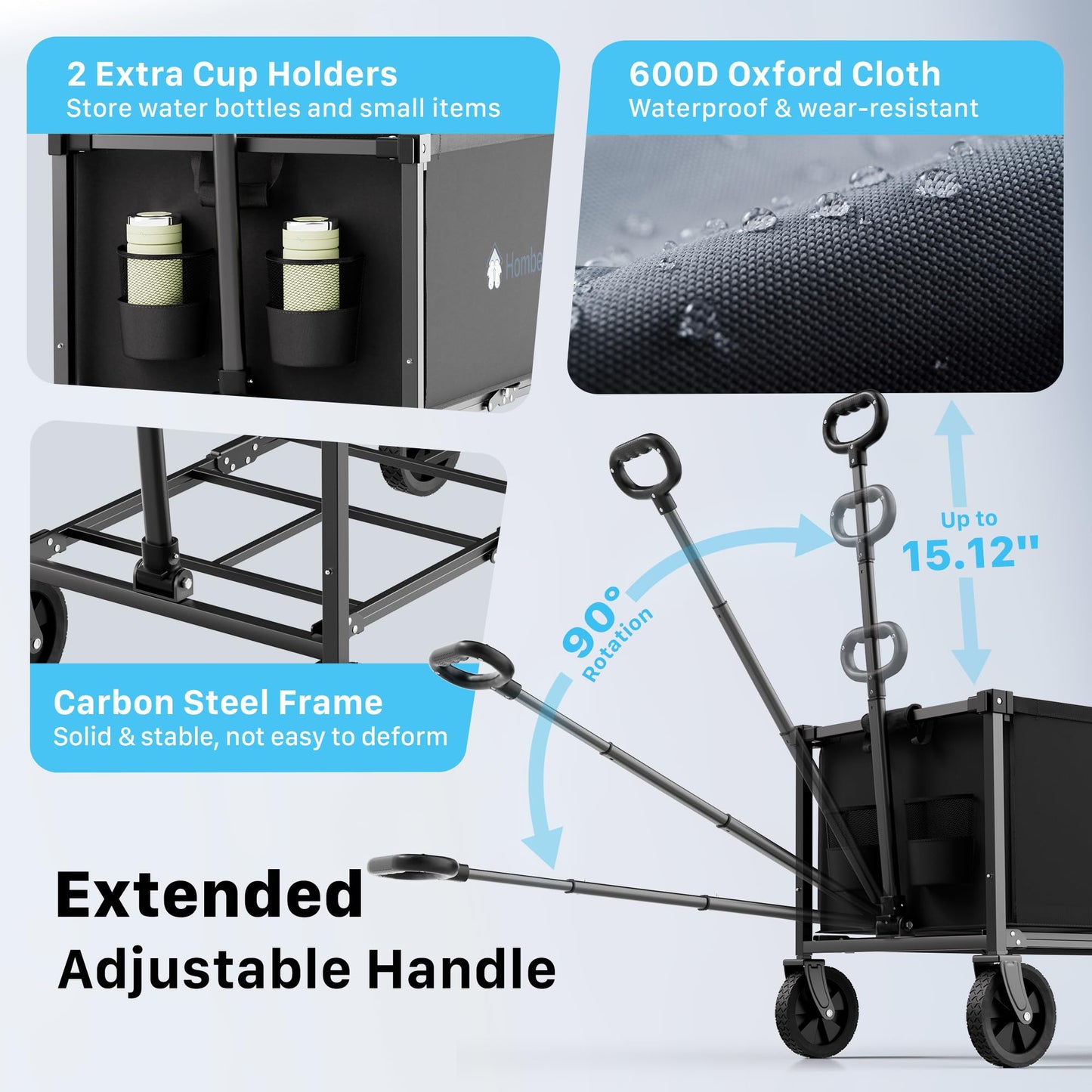HOMBETTA 29.3" Collapsible Wagon Cart, 150L Heavy Duty Folding Utility Wagon with Wheels, 360 lbs Load, Portable Rolling Cart for Garden, Shopping, Sports, Camping, Black