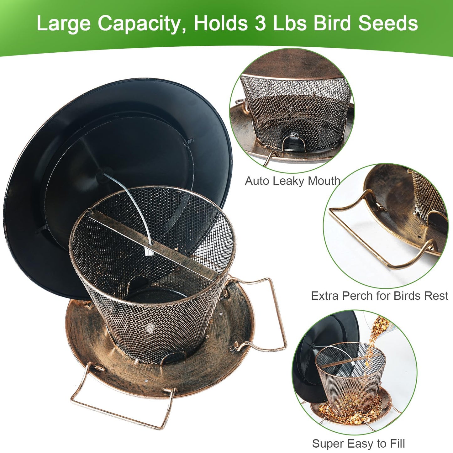 Samhe Bird Feeder for Outdoor, Rainproof Weatherproof Metal Hanging Wild Bird Feeder with 9.8" Roof 3 LBs Seeds Capacity, Easy to Clean & Refill