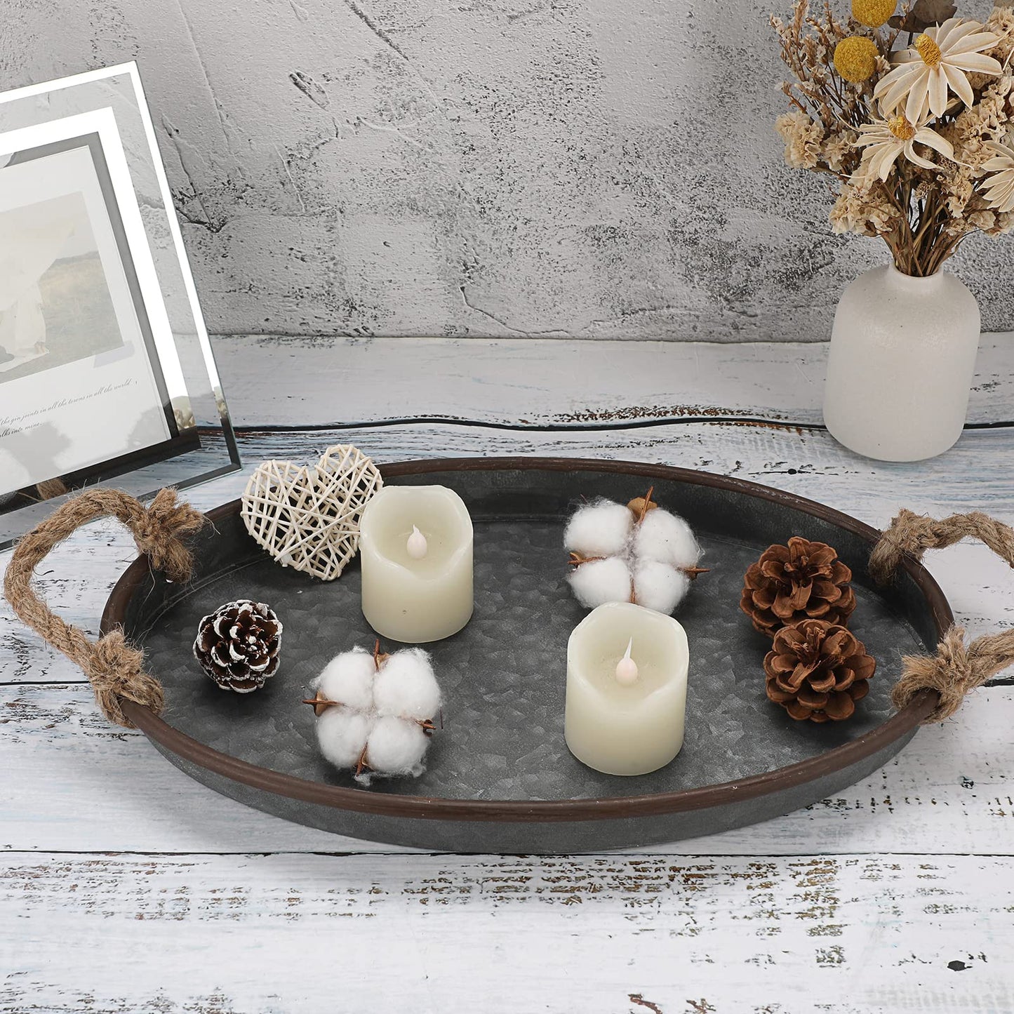 Hipiwe Galvanized Metal Iron Oval Tray with Rope Handle Farmhouse Serving Tray Rustic Industrial Decorative Centerpiece for Coffee Table Weddings and Parties Decor,Small