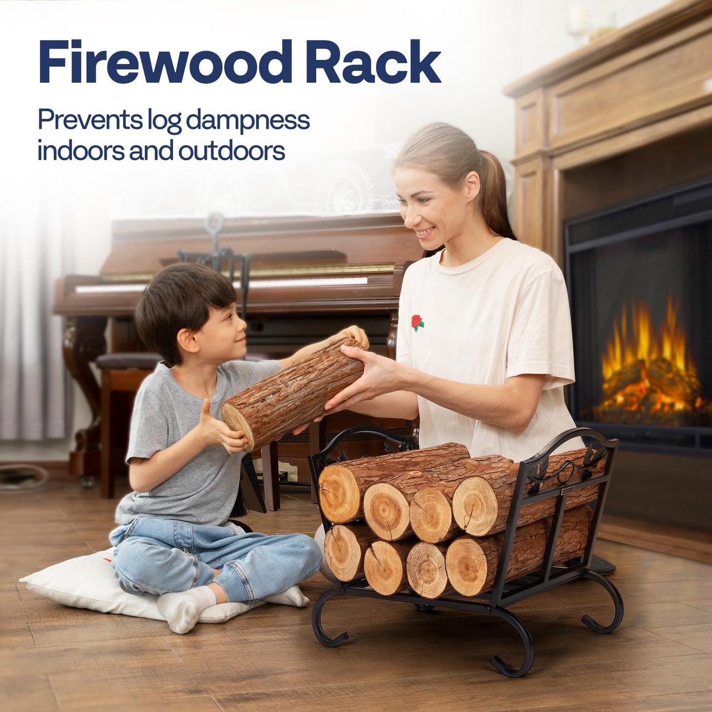 VIVOHOME 21.5 Inches Folding Firewood Storage Log Rack with Decorative Leaf Pattern and Detachable Arched Feet Wrought Iron Wood Holder Stacker Black