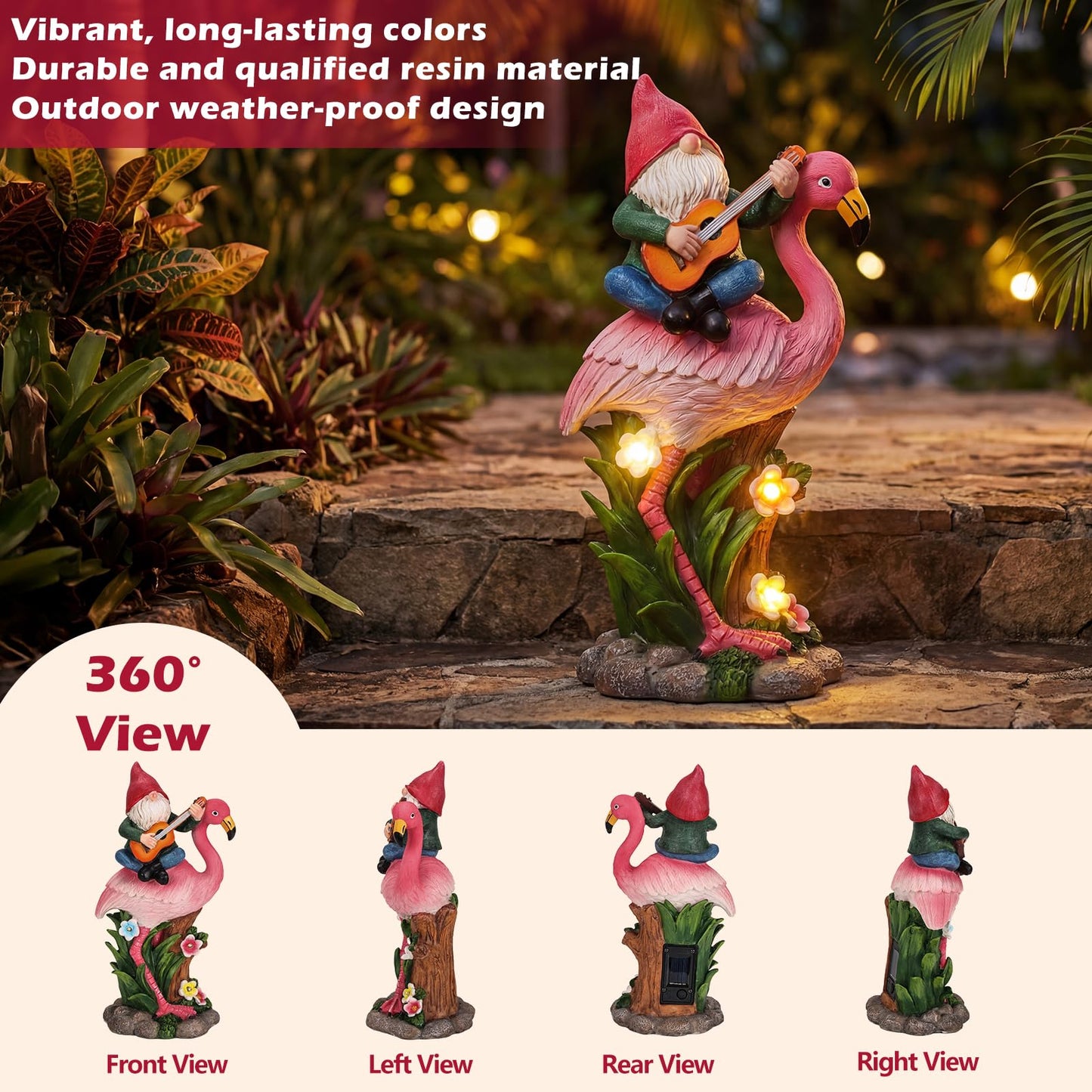 EXYGLO Solar Gnome Garden Statue Decor, 10" Gnome Riding Flamingo Outdoor Funny Decoration for Lawn, Patio, Yard, and Unique Housewarming, Birthday Ornament Gift for Mother, Friend, Family