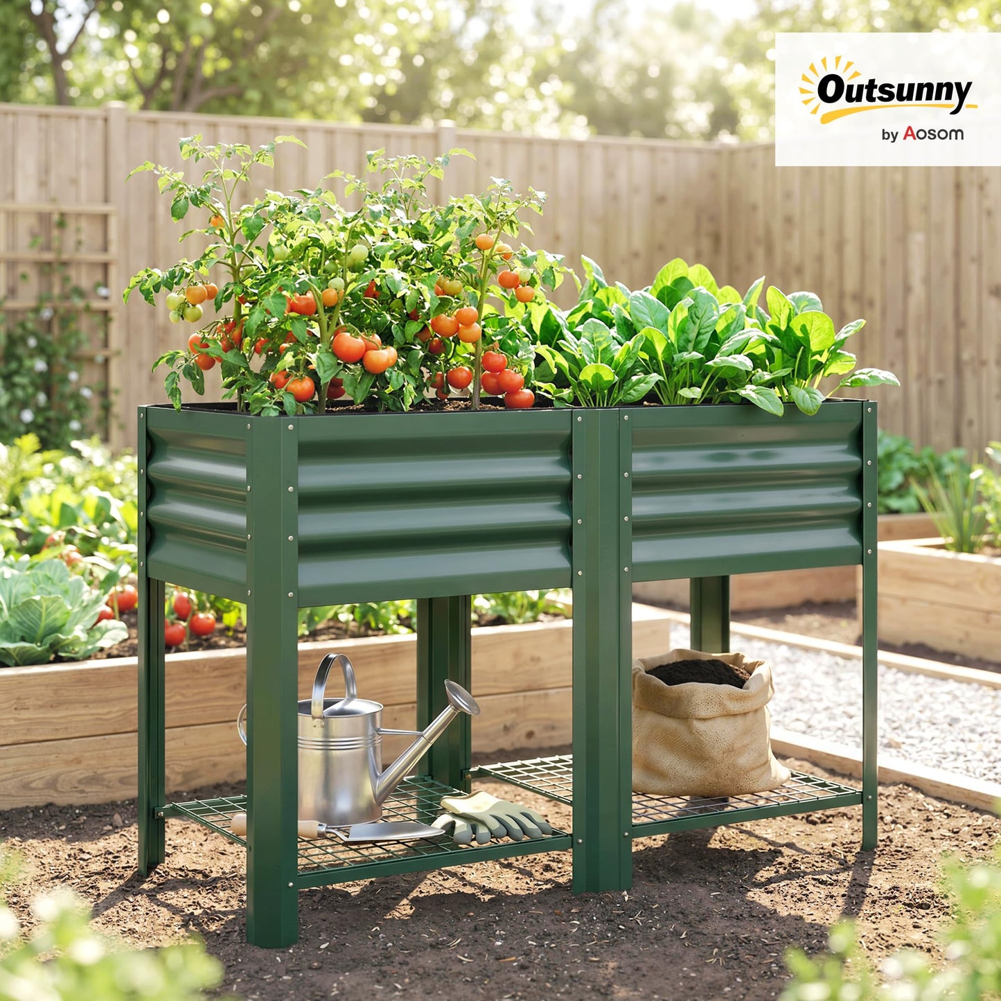 Outsunny Galvanized Steel Raised Garden Bed with Storage Shelf and Bed Liner, Elevated Planter Box with Legs for Flowers, Vegetables, and Herbs, for Outdoor Patio Yard, Glove Included, Green