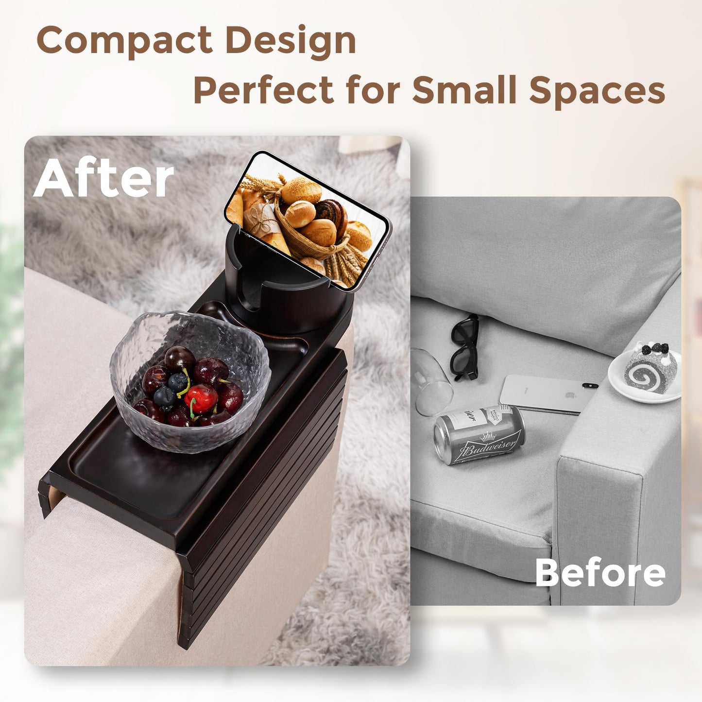 Couch Cup Holder for Armrests Over 4.9" Wide, Bamboo Couch Arm Tray with 360° Rotating Phone Stand, 3 in 1 Foldable Sofa Arm Tray Table for Remote, Snacks, Phone, Drinks Walnut