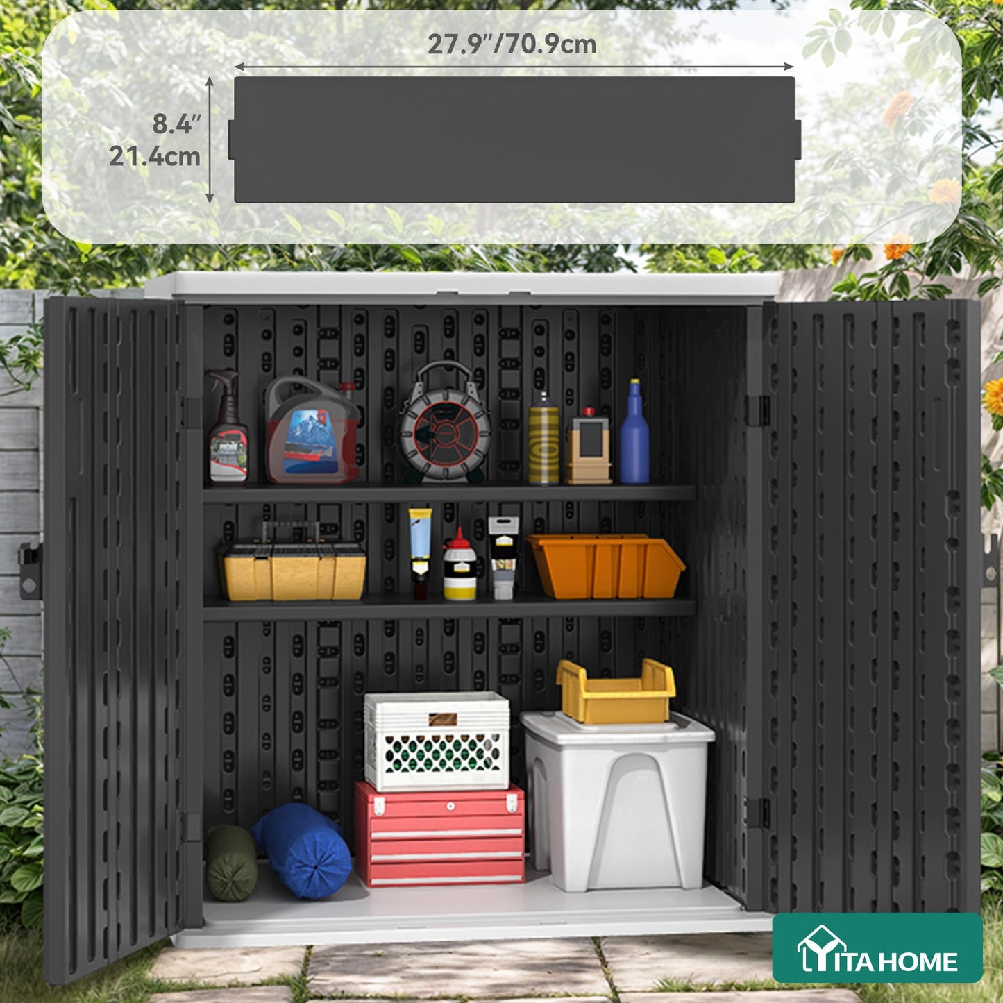 YITAHOME Outdoor Storage Cabinet with 2 Shelves, Waterproof Resin Horizontal Tool Shed, Lockable 15 cu. ft. Storage Shed for Patio, Garden, Yard, Dark Gray