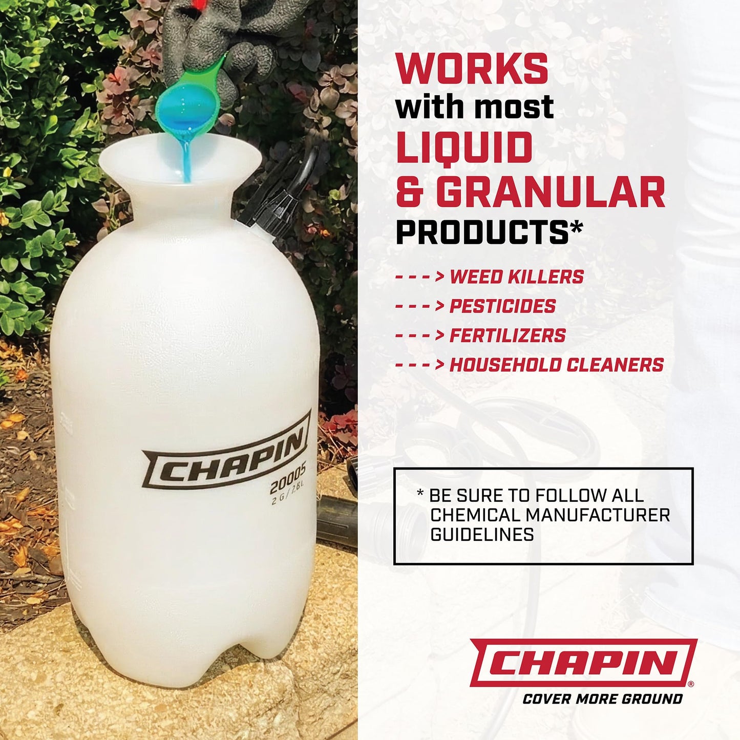 Chapin 20005 Pump Sprayer, 2‑Gallon, Lawn & Garden, Translucent Poly Tank, Funnel‑Top, SureSpray, Adjustable Cone Nozzle & 34" Hose for Fertilizer, Weed & Pest Application