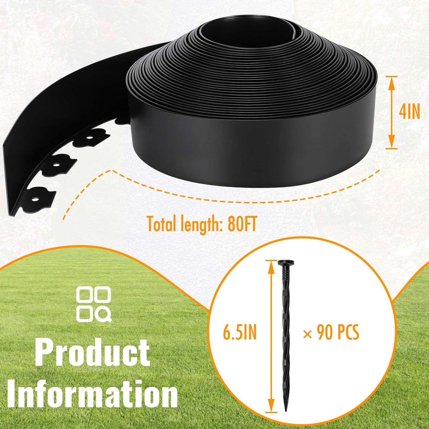 Landscape Edging 4 Inch Tall 80 FT, Garden Edging for Landscaping with 90 Pcs Anchoring Spikes & 5 Connectors, Flexible Garden Border Edging for Landscaping, Yard Lawn, Flower Beds