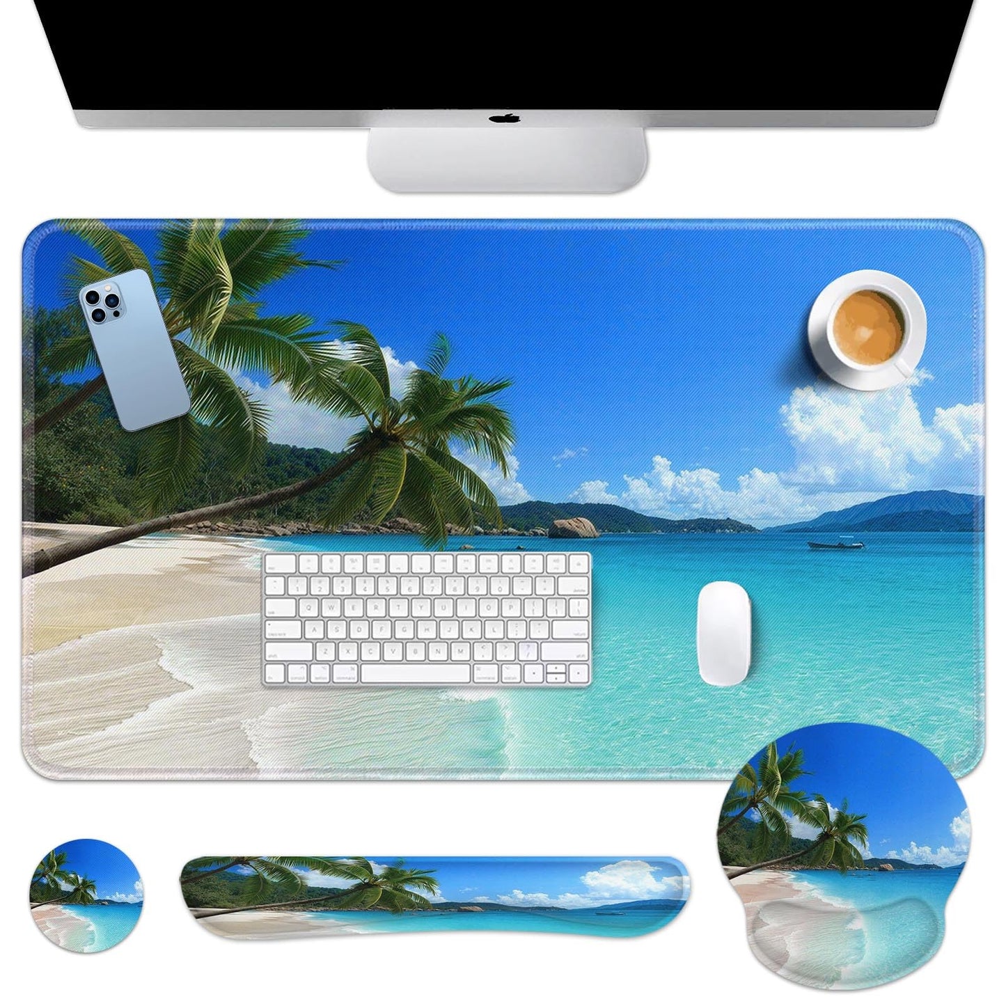 Arttown Tropical Sunshine Beach Desk Mat Summer Ocean Mouse Pad Set 4 in 1 Ergonomic Design Large Desk Pad + Keyboard Wrist Rest + Mouse Wrist Rest + Coaster Suitable for Home Office Study Game