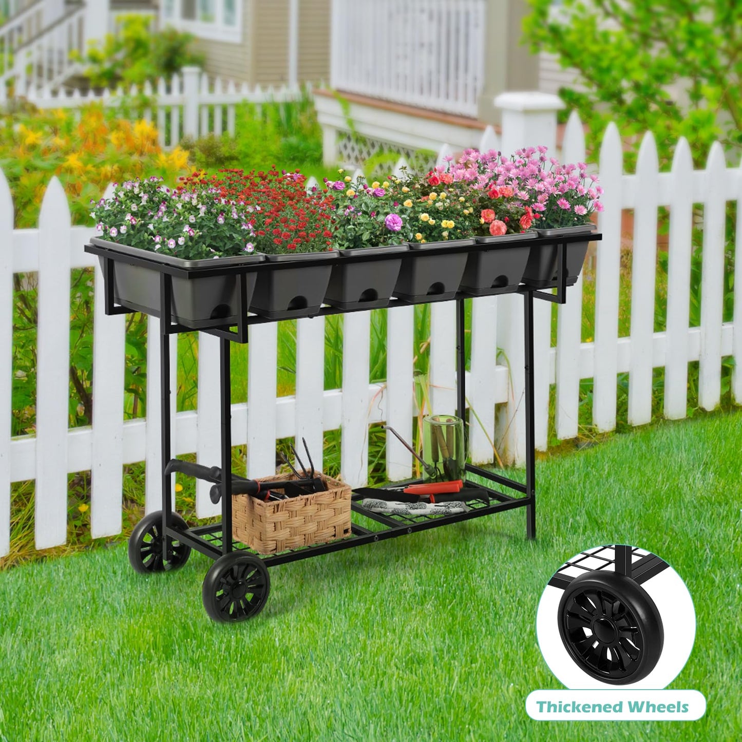 YBING Raised Garden Bed with Wheels Outdoor Elevated Planter Box Stand 6 Pocket Raised Flower Bed with Legs and Storage Shelf Herb Garden Planter for Patio 30" Tall, Dark Grey