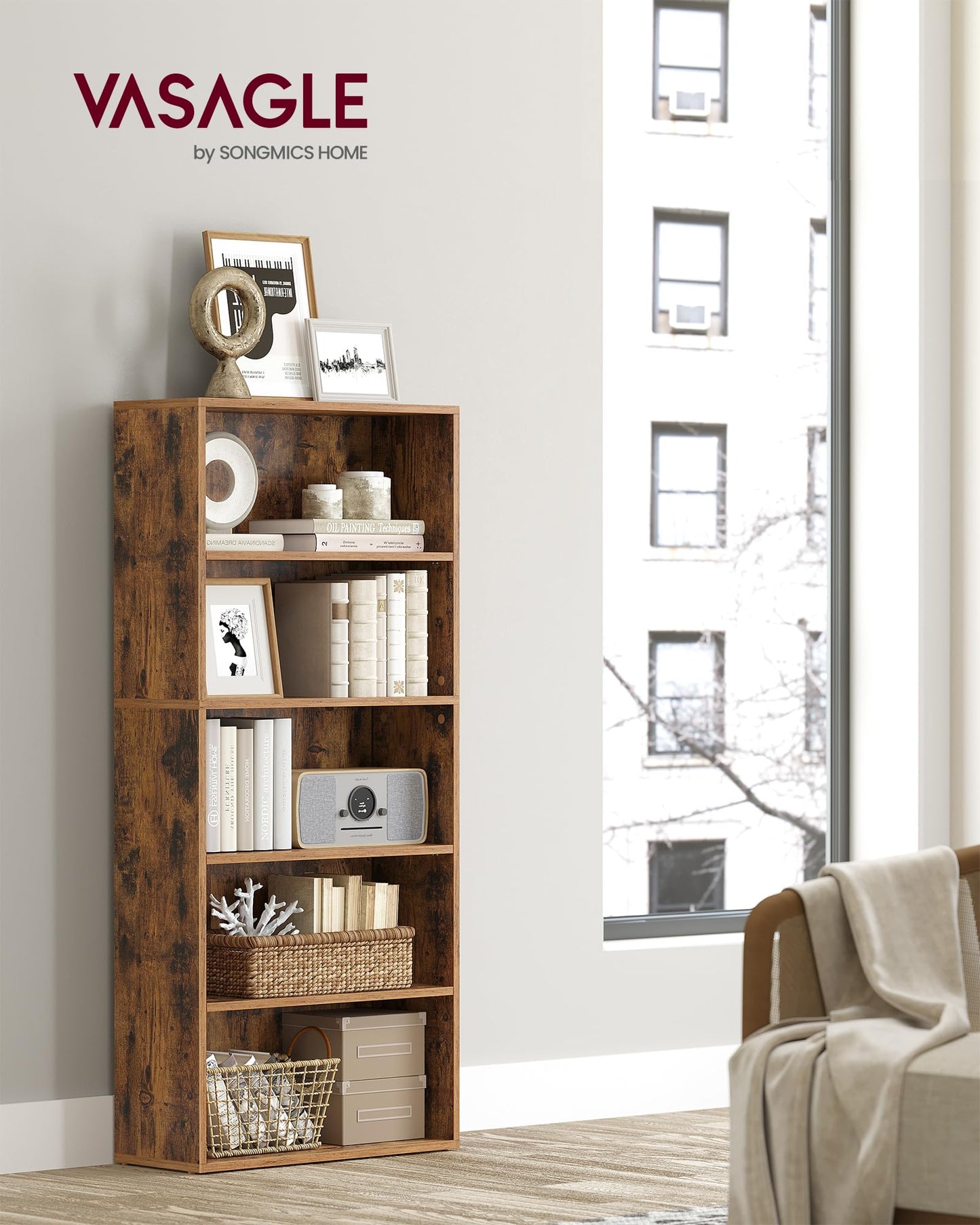 VASAGLE CUSTOS Collection - Bookshelf, 5-Tier Bookcase, Book Shelf, Open Storage Shelf, 9.4 x 23.6 x 52.5 Inches, for Living Room, Home Office, Dining Room, Rustic Brown ULBC165X01