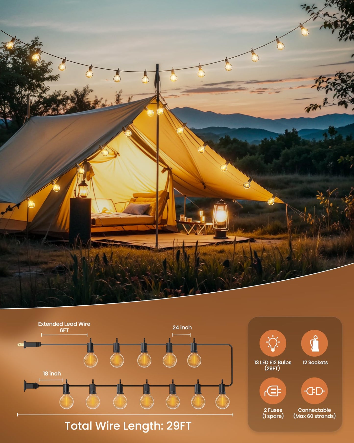 Brightown Outdoor String Lights 29 Feet G40 LED Patio Lights, Plug-in, 13 Plastic Edison Bulbs(1 Spare), Waterproof Connectable Hanging Light for Backyard Porch Balcony Party Decor, E12 Base, Black