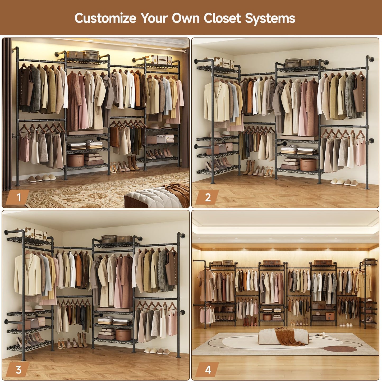 Wall Mounted Garment Rack, Walk-in Closet System with 4 Expandable Rods, 8 Adjustable Shelves, Industrial Pipe Clothing Racks, Hanging Clothes Organizers and Storage, Metal Closet Shelving Black