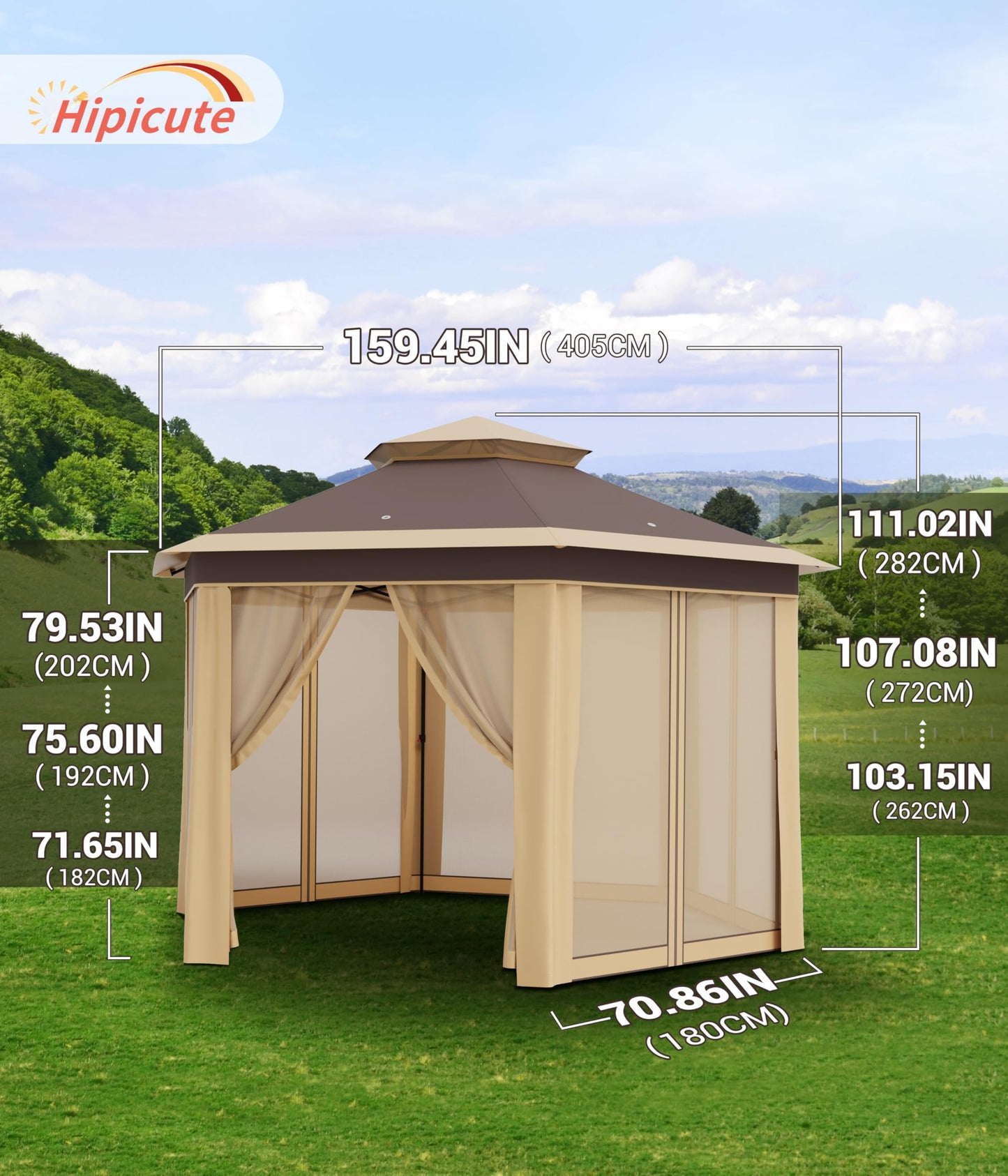 Hipicute 13 x 13 Ft Pop Up Hexagonal Gazebo, Outdoor Canopy Shelter, Pop up Gazebos Tent with Netting and Strong Steel Frame for Patio Lawn Backyard and Deck - Khaki