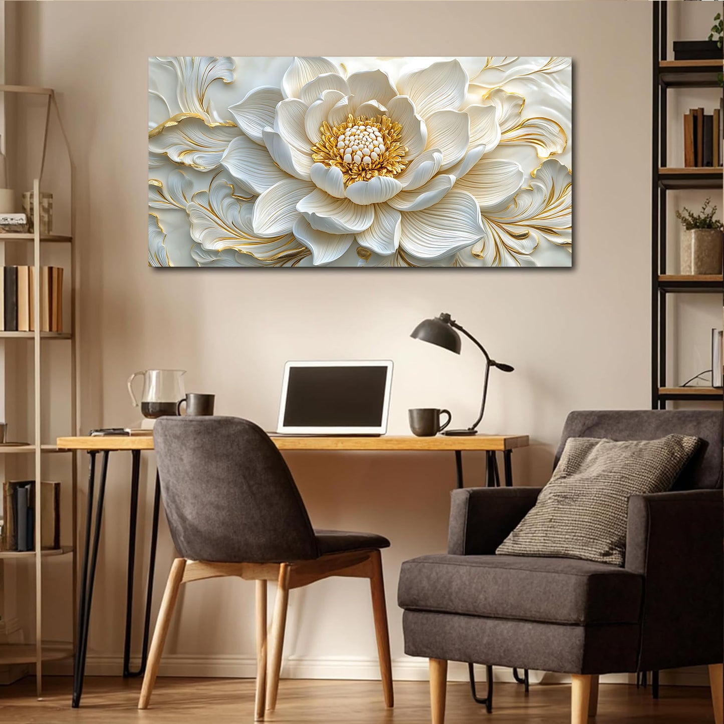 SSNEEKNDG White Floral Wall Art for Living Room Gold Flower Picture Large Botanical Artwork for Bedroom Office Canvas Prints Ready to Hang 20"x40"