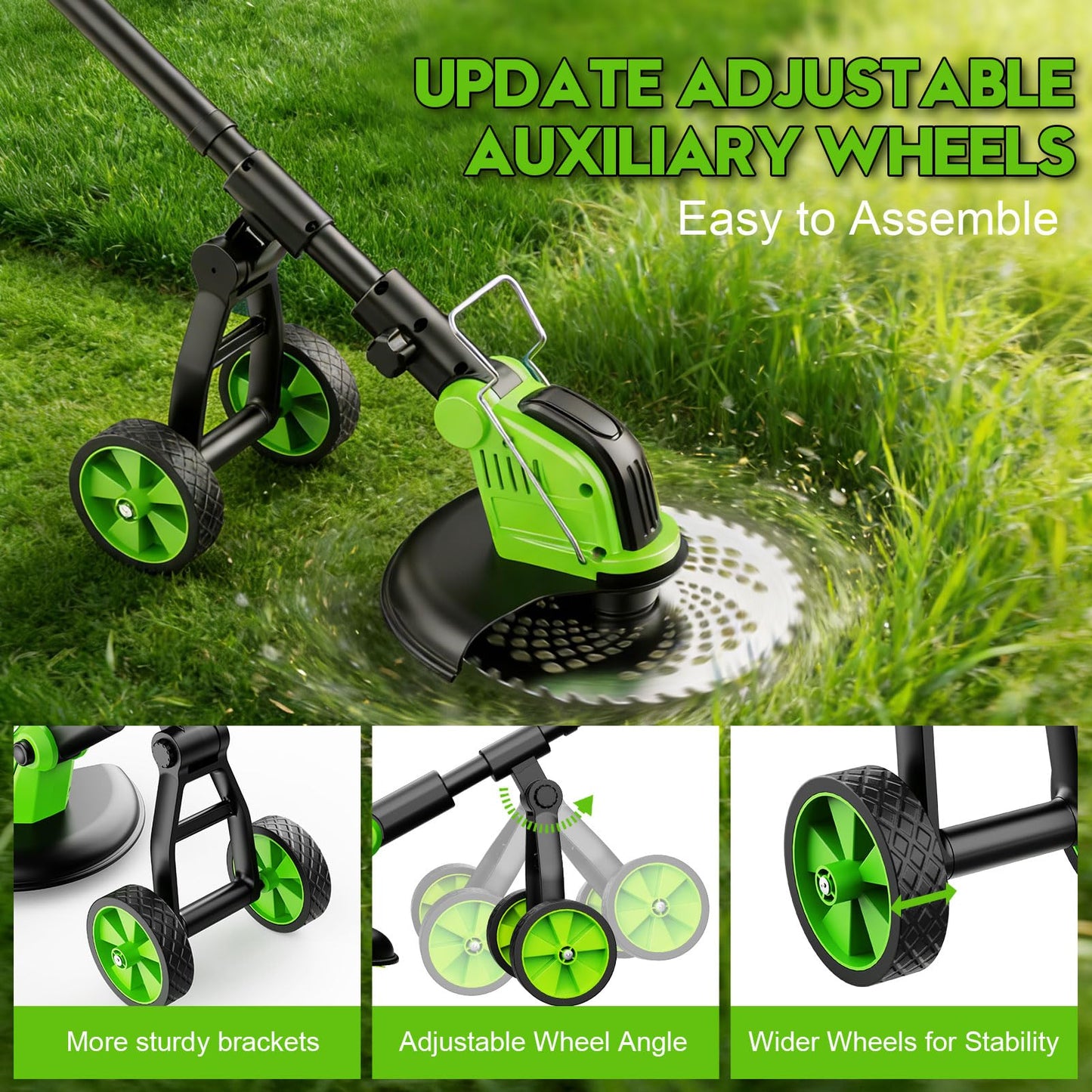 20000 RPM Electric Weed Wacker Cordless, 12″ Brushless Weed Eater Battery Powered with Wheel, 4-in-1 Grass Trimmer/Brush Cutter/String Trimmer, Lawn Mower Edger Stringless Weed Trimmer, 2 Battery Tool