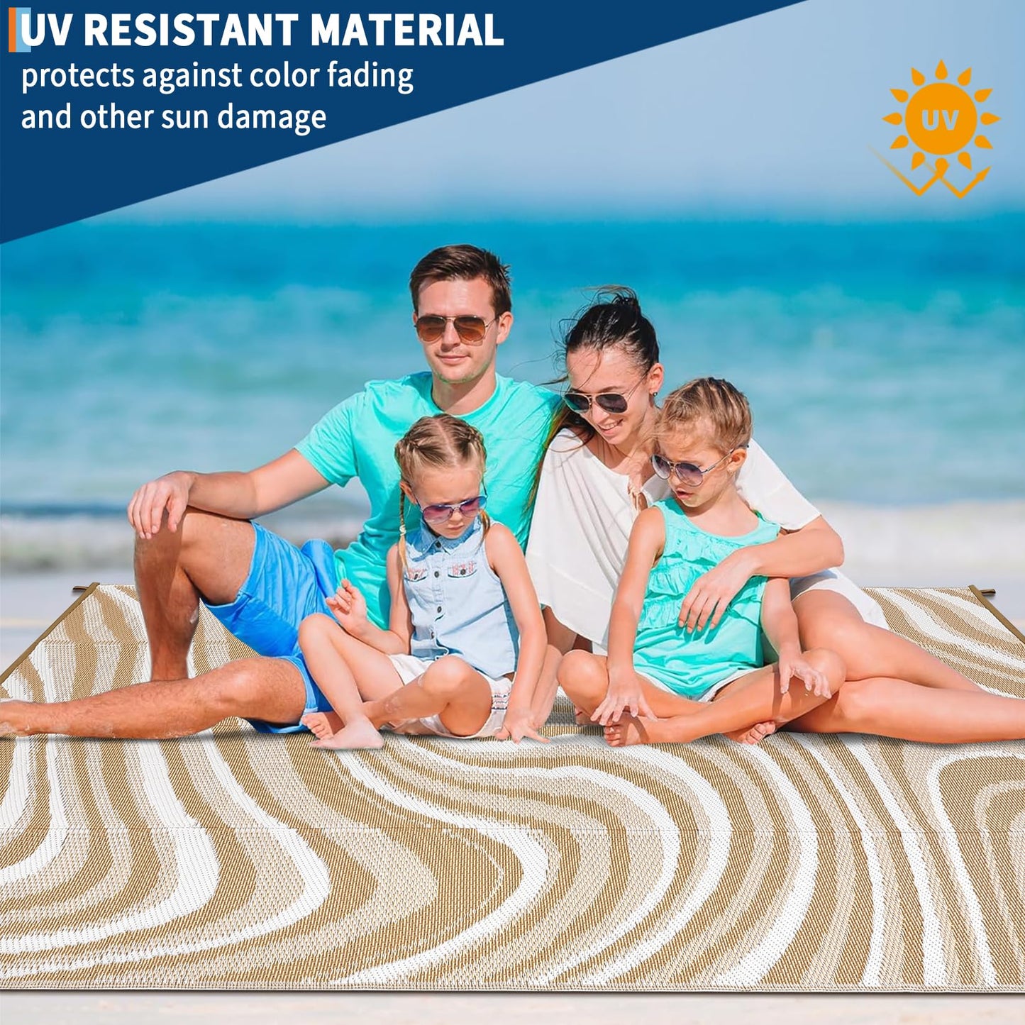 Garvee 10x14 Modern Large Outdoor Rug, Waterproof Rug for Camping, Reversible Plastic Straw Rugs UV Resistant Abstract Carpet for Picnic Backyard Deck Balcony Porch Beach Trailer, Light Brown