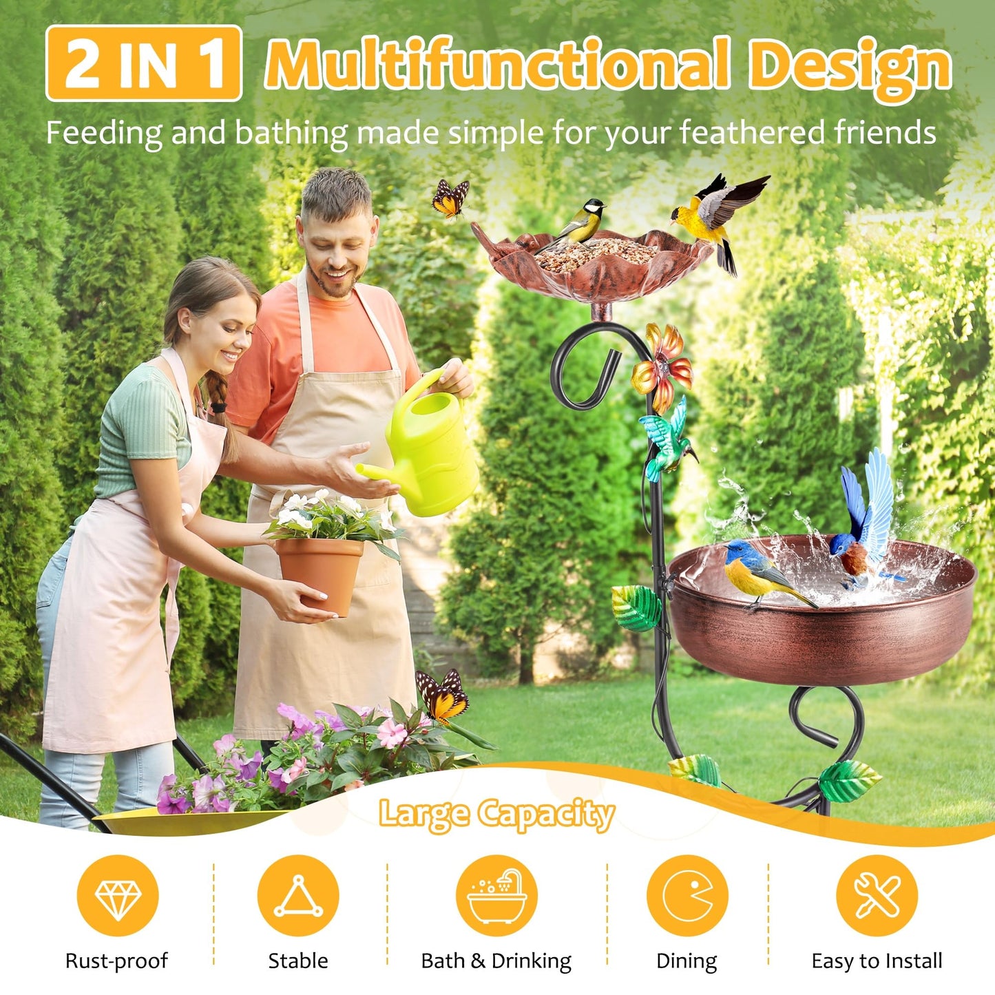 YOFOVI 2 In 1 Bird Bath for Outside, Freestanding Large Bird Feeder Birdbaths for Outdoors, Garden Metal Bird Baths Bowl for Patio Yard, Copper