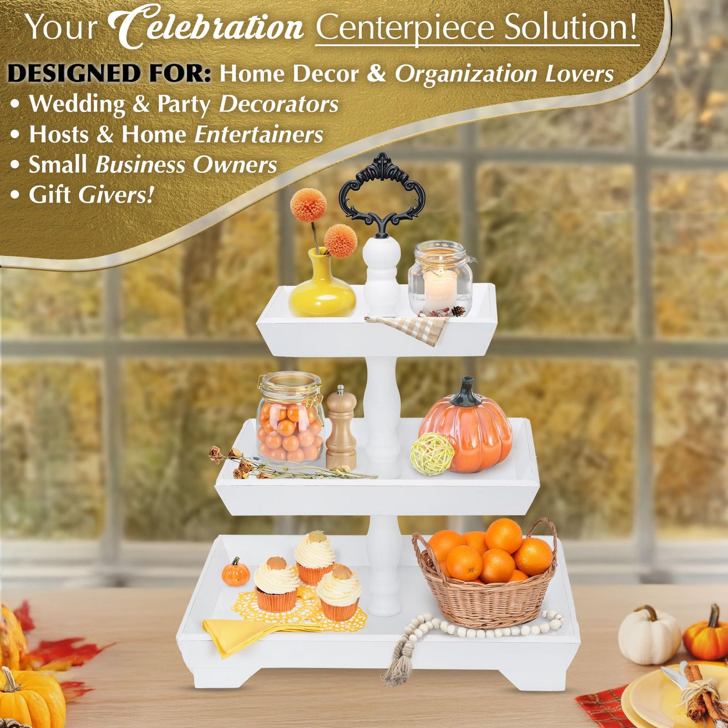 [3 in 1] 3 Tier Serving Tray - Gorgeous Coffee Table Tray (Includes 3 Handles) - Can Assemble into a 1, 2 or 3 Tier Serving Stands - Rectangle Wooden Kitchen Table Centerpiece Felt Creative Home Goods