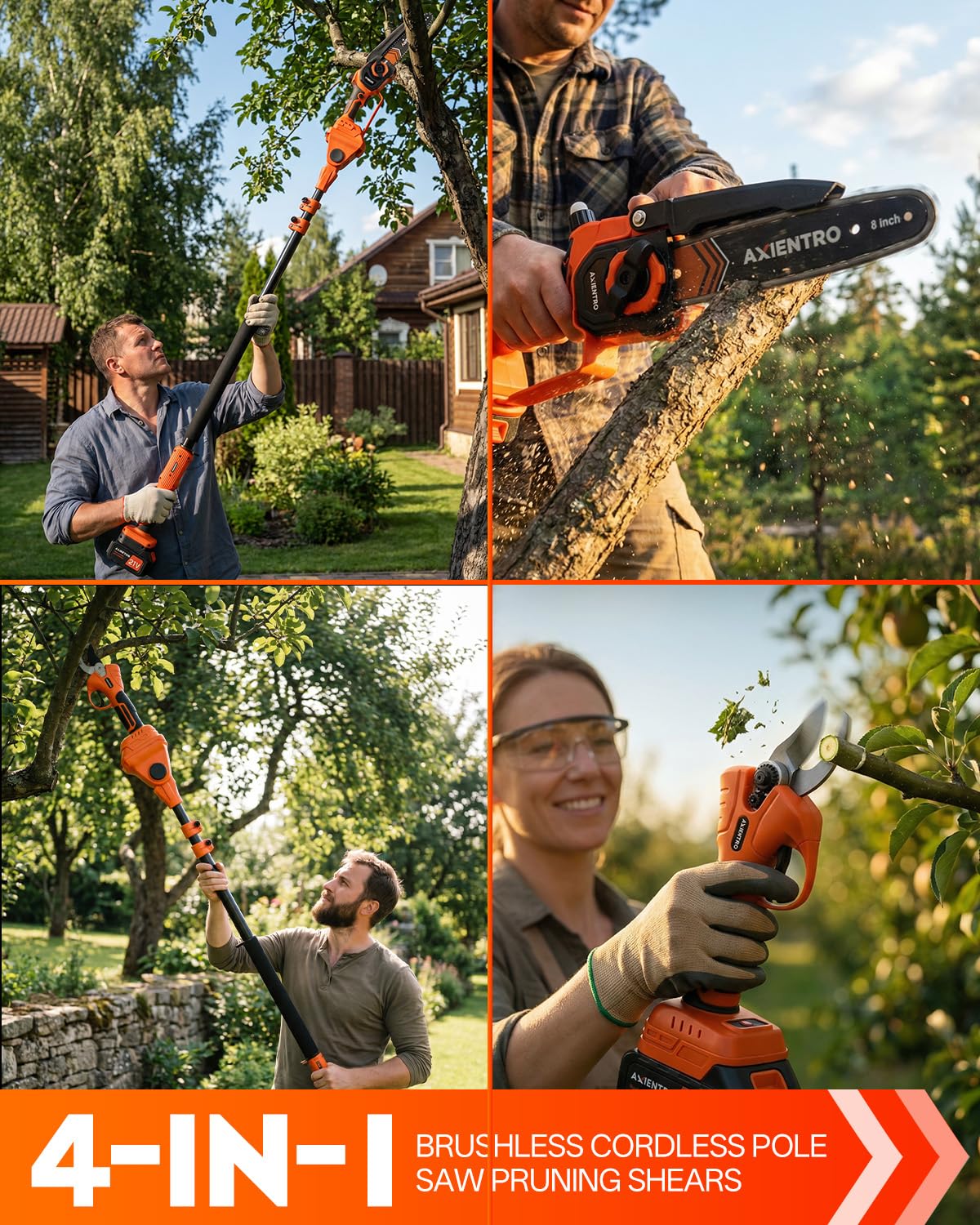 Axientro 4-in-1 Pole Saw & Pruning Shears, 8-in Brushless Motor Pole Saw for Tree Trimming, Electric Pruners with Extendsion Pole, 2x4000mAh Li Batteries & Charger, 16FT Max Reach
