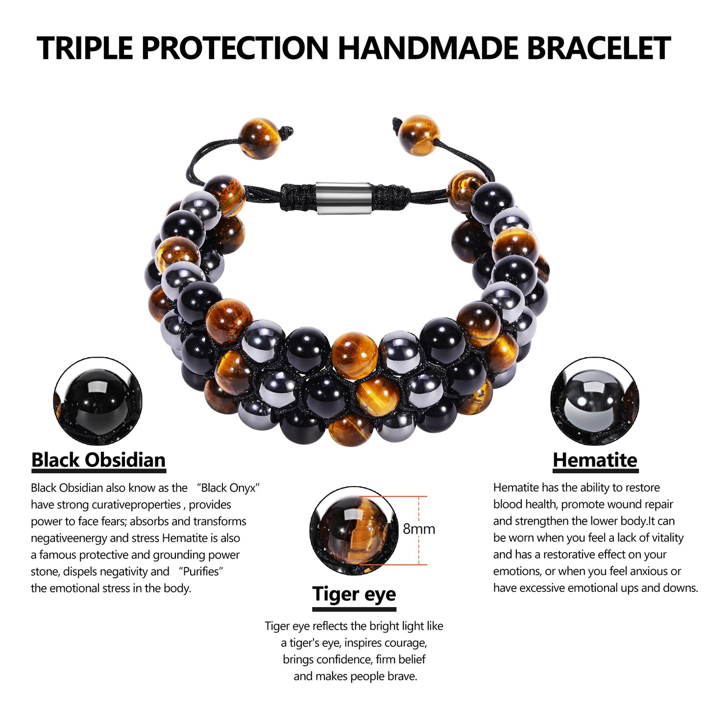 Ckkllws Triple Protection Bracelet, Genuine Tigers Eye Black Obsidian and Hematite 8mm Beads Bracelet for Men Women, Crystal Jewelry Stone Bracelets Gifts for Men Bring Luck Prosperity