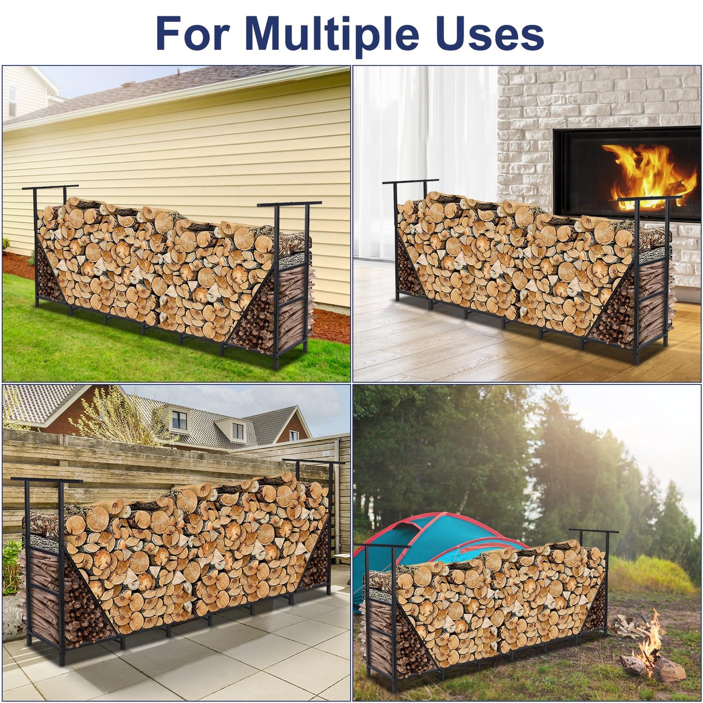 HONEST OUTFITTERS 8ft Firewood Rack Outdoor, Adjustable Heavy Duty Firewood Holder, Adjustable Wood Racks for Outdoor Indoor, Metal Log Racks for Firewood with Firewood Bag Carrier, Black