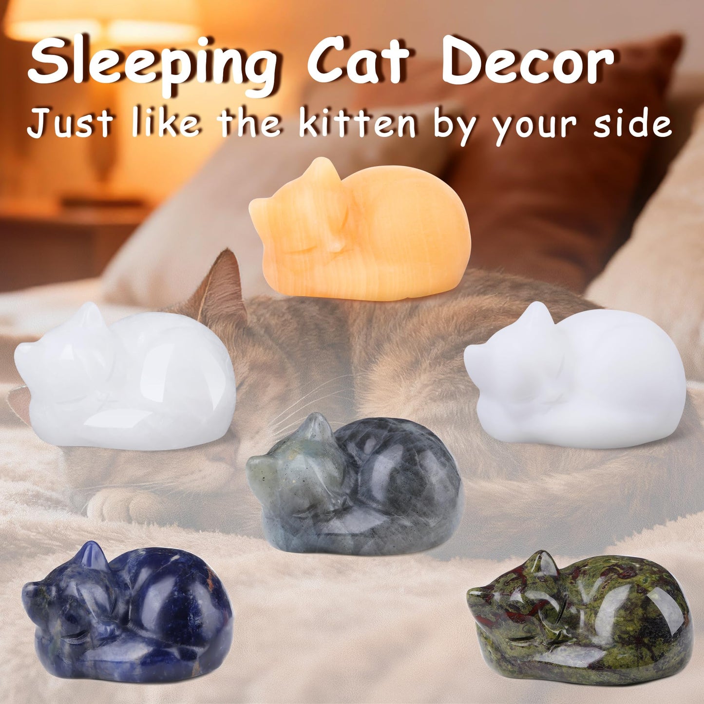 YATOJUZI 2" Cat Decor Figurines Clear Quartz Crystals Sleeping Cats Decor Hand Carved Cute Crystal Animal Statues Decors Room Home Office Desk Decorations Cat Gifts for Women