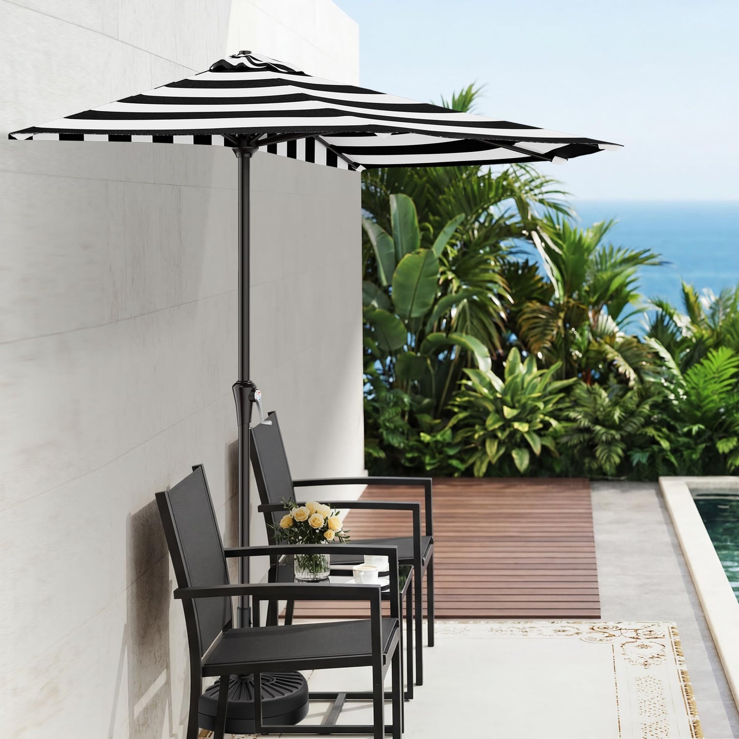 AreShark 9FT Half Patio Umbrella, Outdoor Wall Umbrella with Crank & 5 Sturdy Ribs, Table 1/2 Umbrella Patio for Garden, Deck, Balcony and Pool, Black & White Stripe