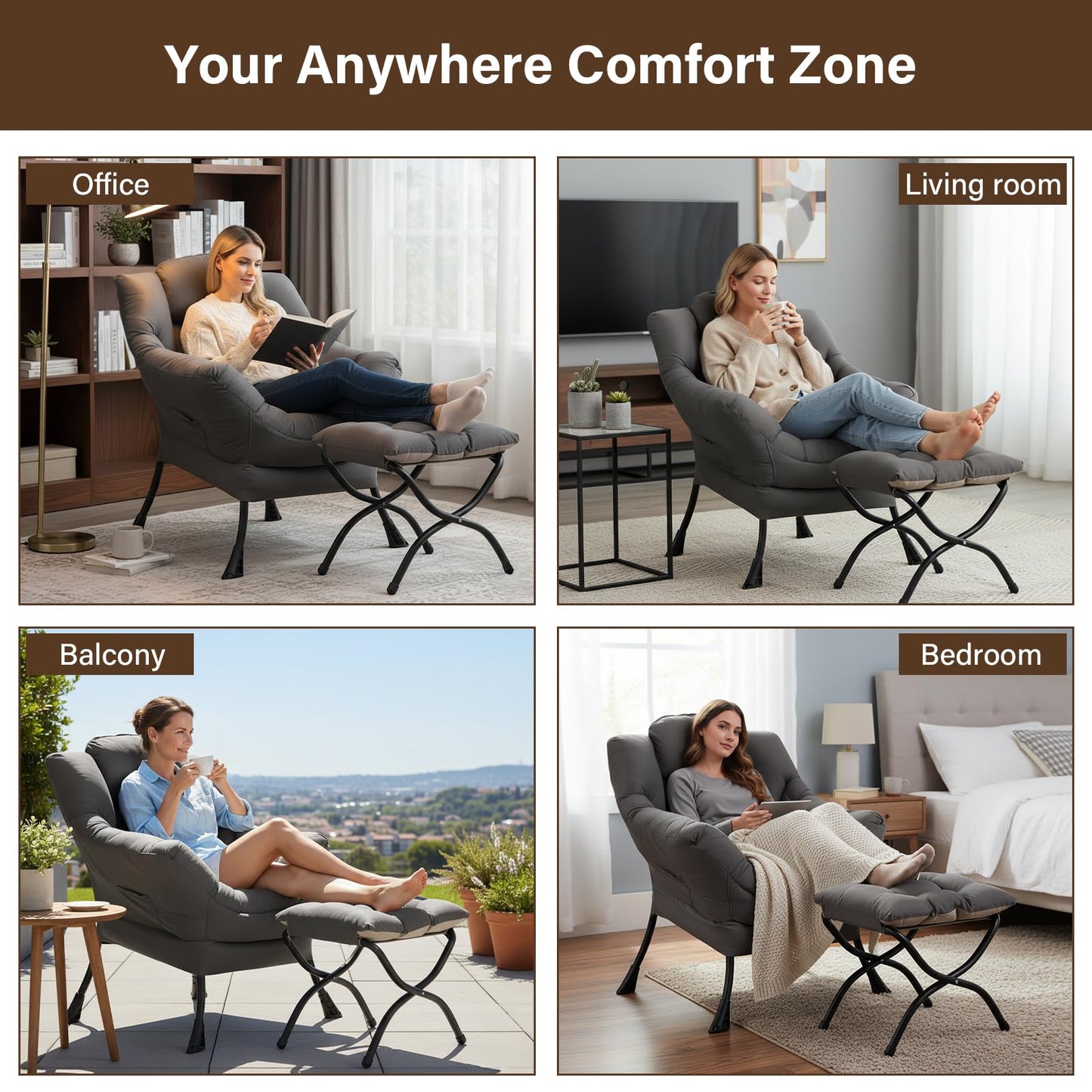 Welnow Lazy Chair with Ottoman, Modern Accent Chair with Armrests and a Side Pocket, Leisure Sofa Armchair, Reading Armchair with Footrest for Small Space, Dark Grey