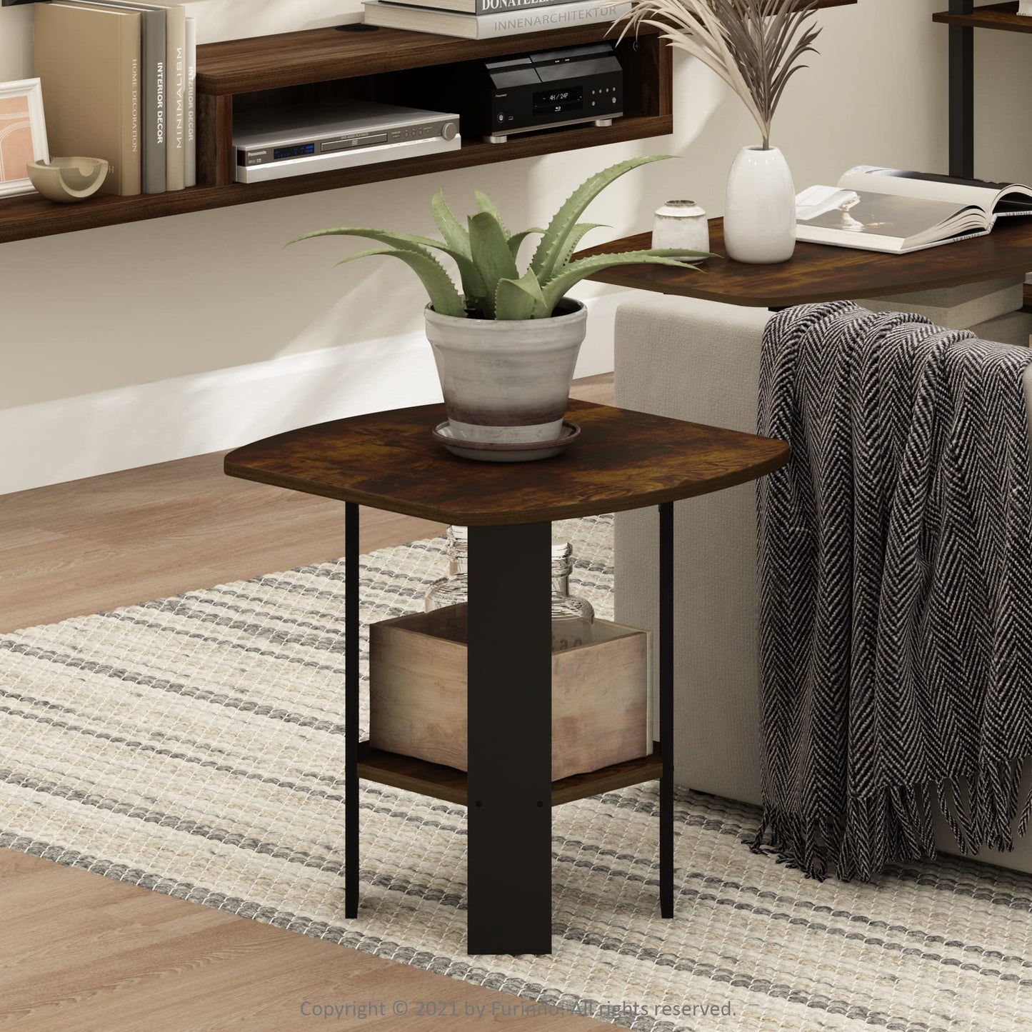 Furinno SIMPLE DESIGN Side Table, 2-Tier Modern End Table with Soft Edges, Open Shelves Night Stand, Bedside Table, for Living Room, Bedroom, Amber Pine