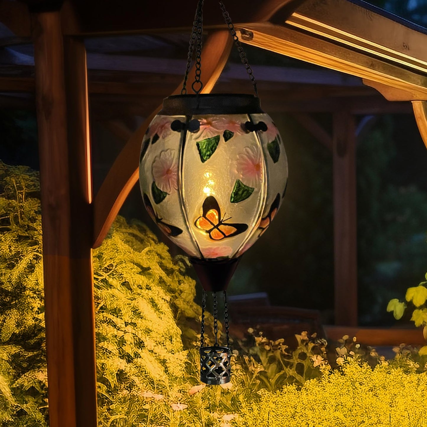 TEYIGARDEN Hot Air Balloon Solar Lantern with Flickering Flame, Glass Hanging Garden Lights Outdoor Waterproof for Tree Yard Patio Mother's Day Gift, 18" H Butterfly