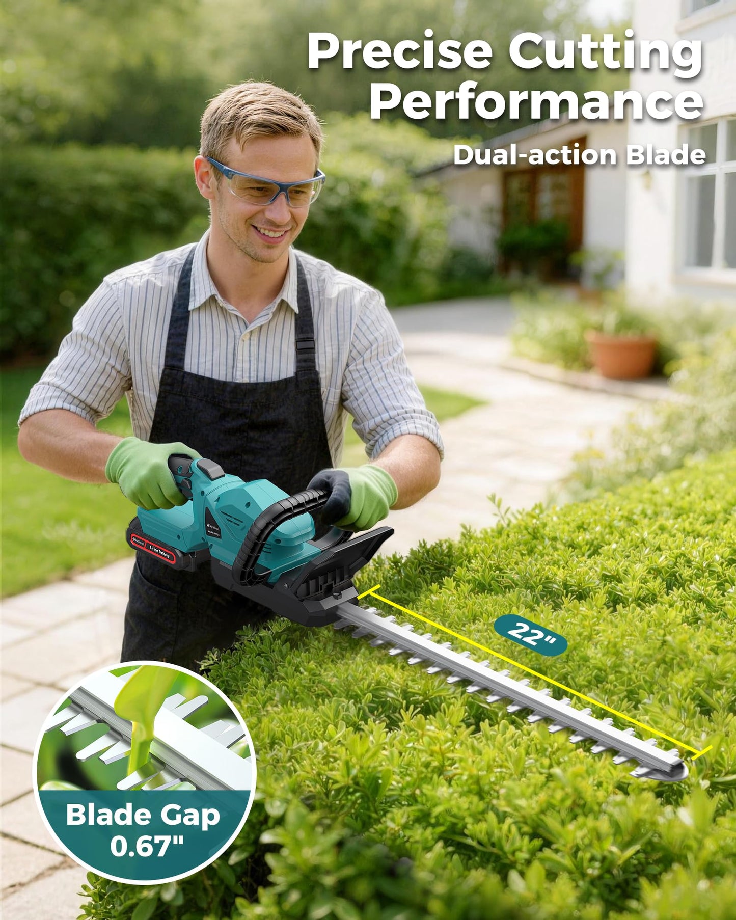 22'' Cordless Hedge Trimmer with 2 Rechargeable Batteries & Charger, 3000RPM Brushless Electric Handheld Bush Clipper, 180° Rotatable Head, 2/3'' Blade Gap, Gardening Gifts for Mother’s Day