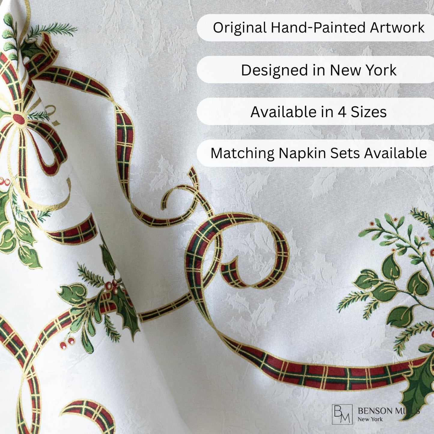 Benson Mills Heavyweight Engineered Printed Jacquard Fabric Christmas Table Cloth, for Holiday, Winter, and Christmas Tablecloth (Merry Ribbons, 60" x 104" Rectangular)