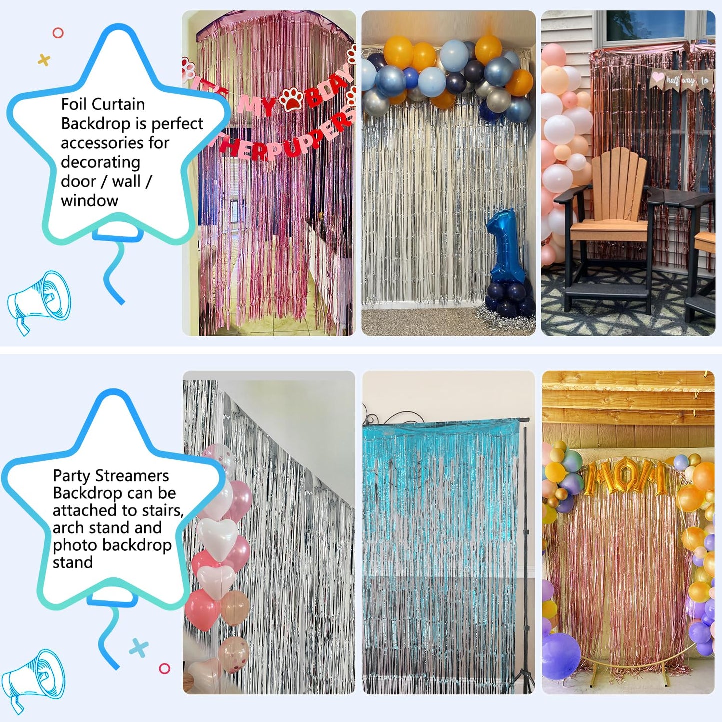 2 Pack Foil Curtain Backdrop Curtains Silver Tinsel Door Streamers Birthday Party Decorations Photo Booth Props for Disco Party Graduation Wedding Baby Shower Bachelorette Christmas Gender Reveal