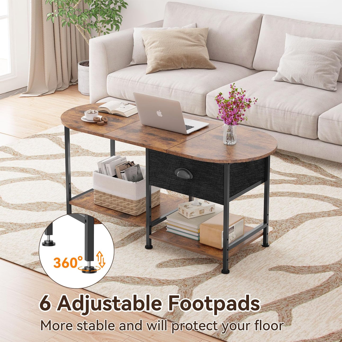 37" Oval Small Coffee Table with Storage,Modern Wood Living Room Center Table for Small Space,Apartment,Home Office,Drawer & Open Shelves,Easy Assembly,Rustic Brown