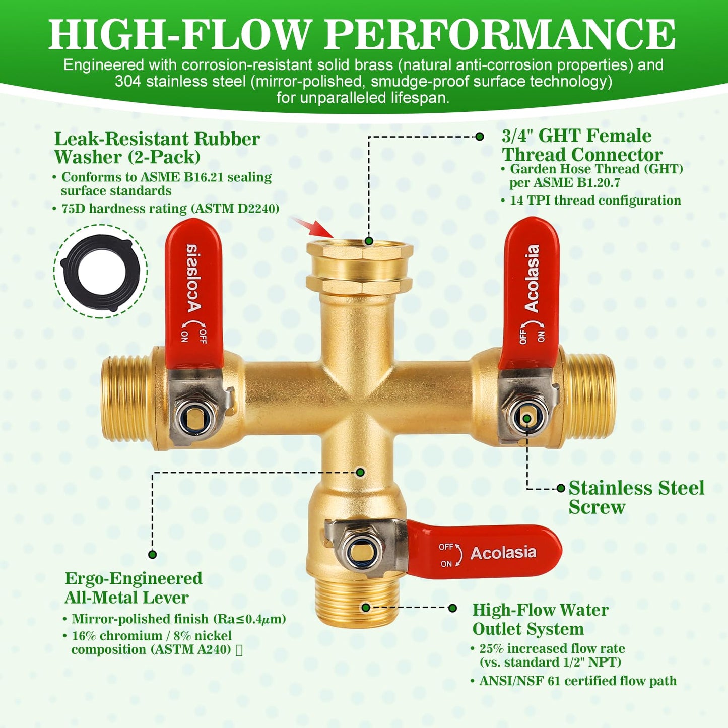 Hose Splitter 3 Way Heavy Duty Brass Garden Hose Splitter with 304 Stainless Steel Long Handle Outdoor Full Flow Hose Splitter Connector, 3/4" GHT Thread
