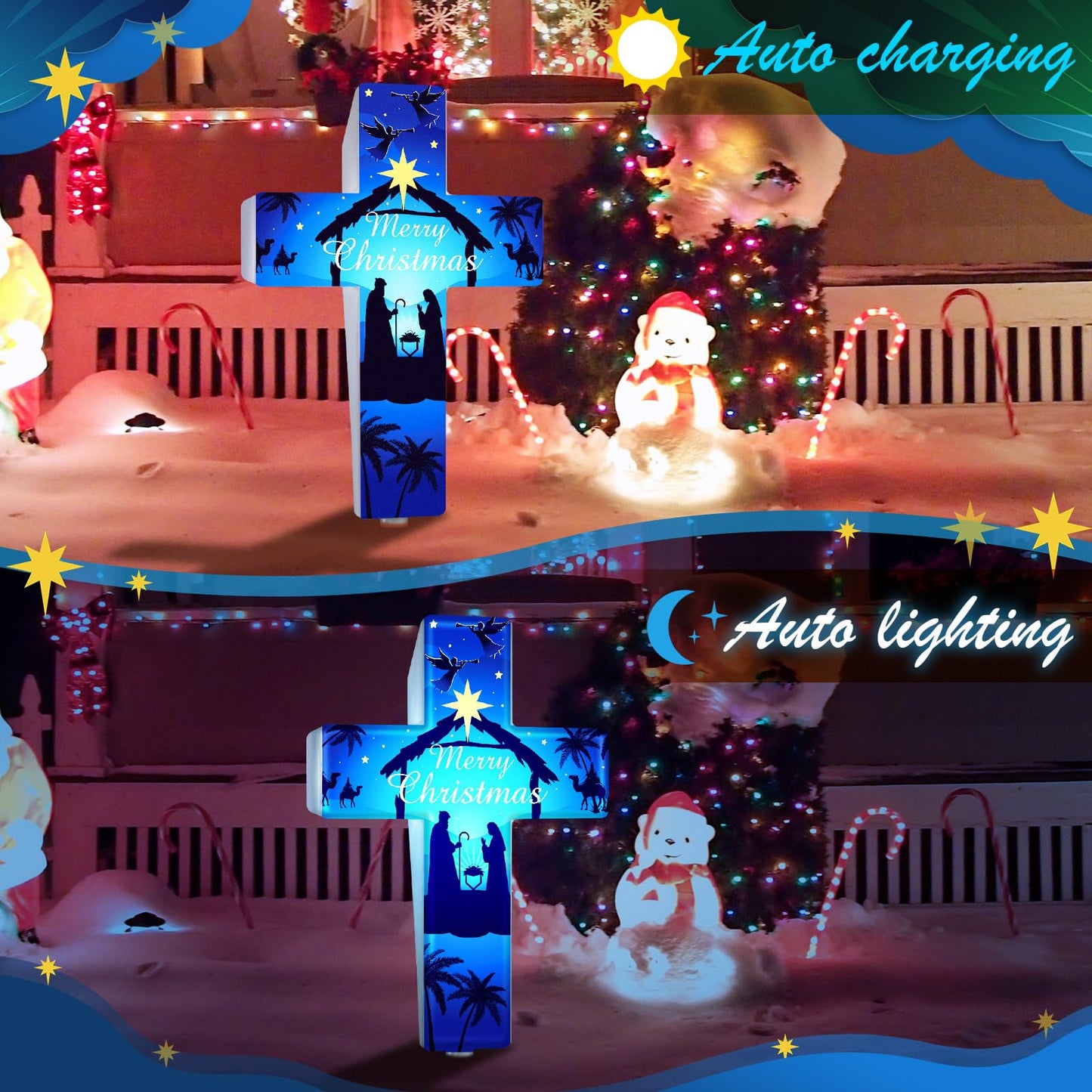 Yousoontic Christmas Garden Stake Solar Lighted Holy Night Outdoor Solar Religious Yard Decorations Light up Rustic Cross Stake Decor for Patio Yard Decoration (Merry Christmas)
