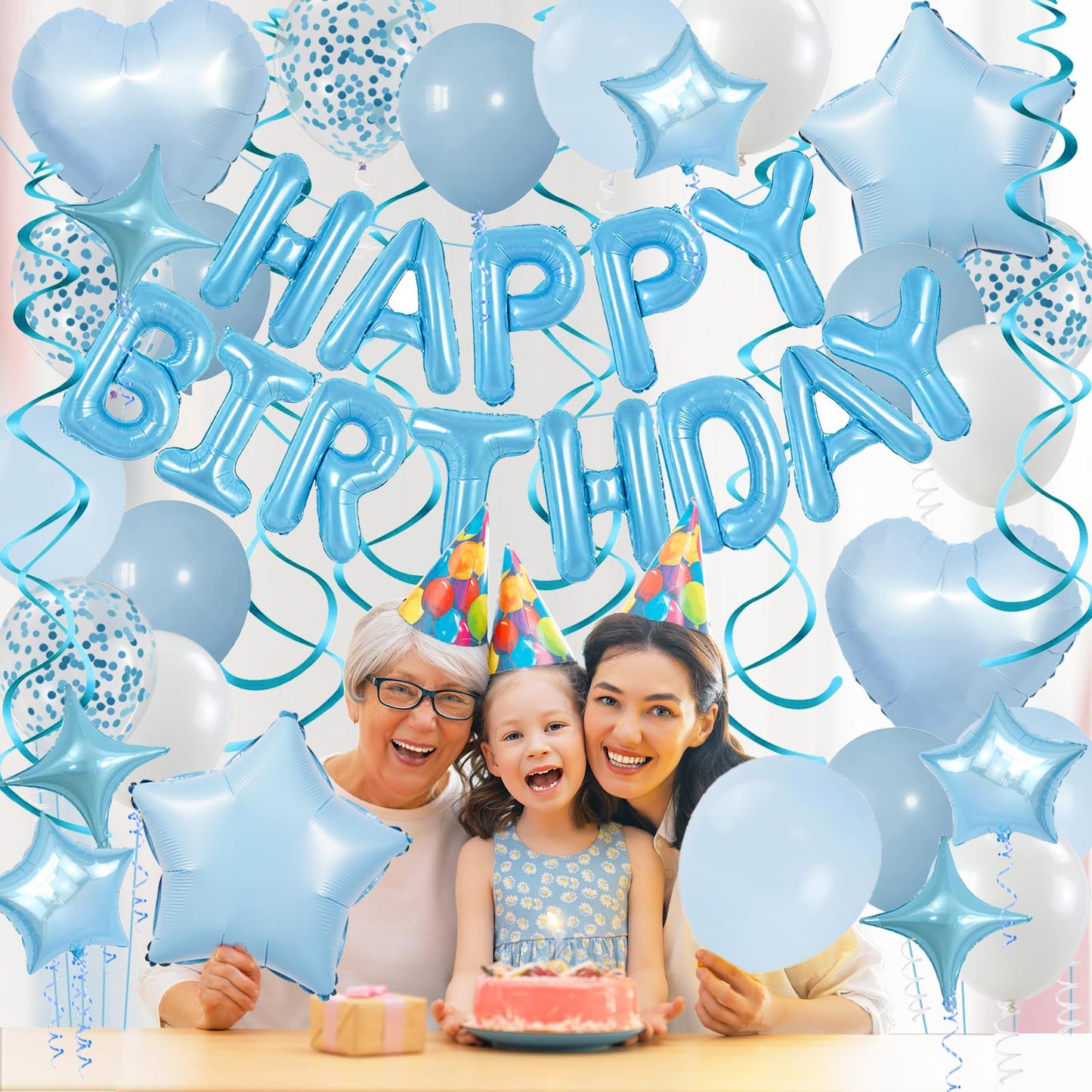 YWWSNSE Blue Birthday Decorations, 3D Foil Light Blue Happy Birthday Balloon Banner with Star and Heart Balloons, Confetti Balloons, Hanging Swirls, for Girls Women Party Decorations