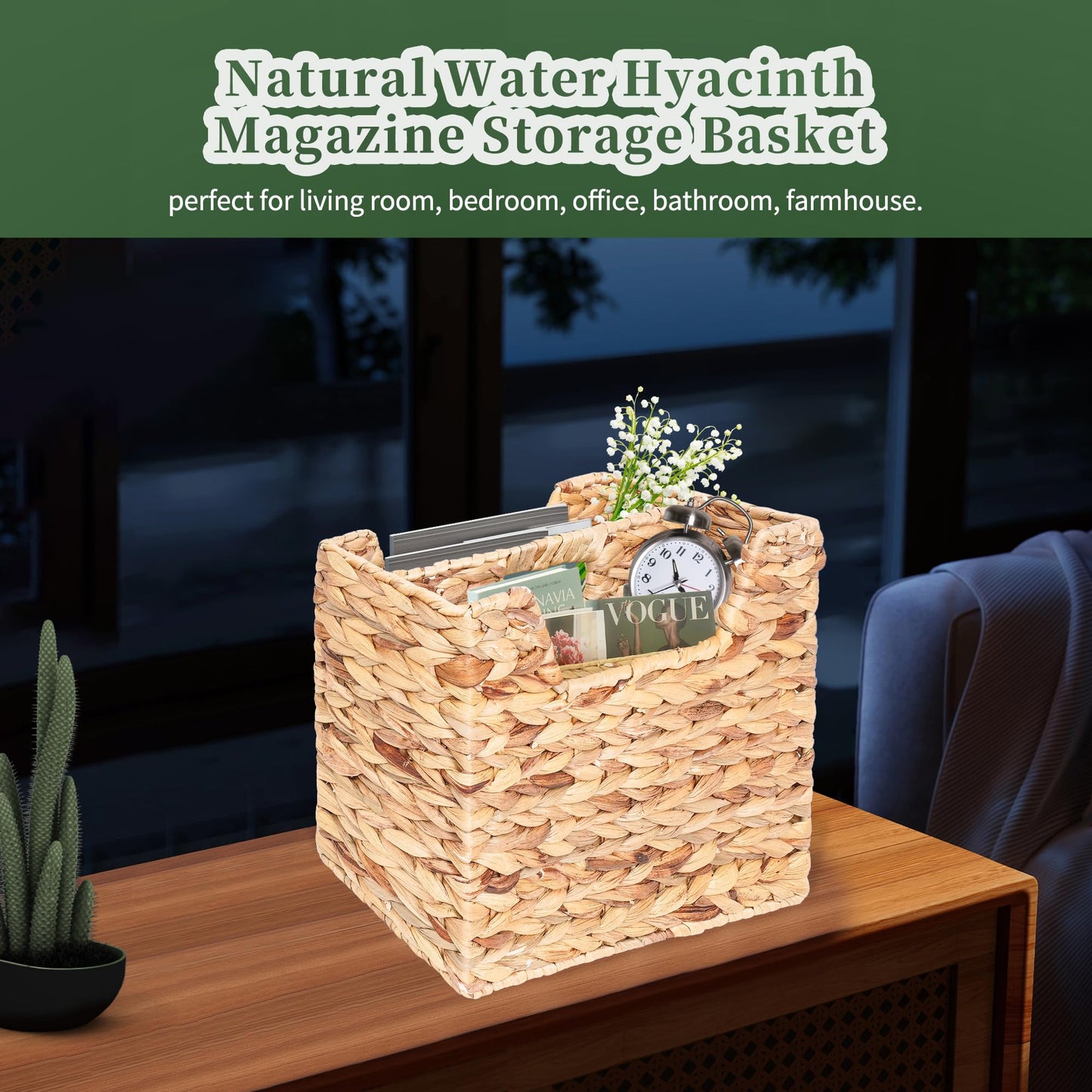 Magazines Holder - Wicker Magazine Rack, Handwoven Magazine Holders for Bathroom, Magazine Organizer for Books, Newspaper, Water Hyacinth Magazine Basket, 14.2 x 11.4 x 6.7 inch