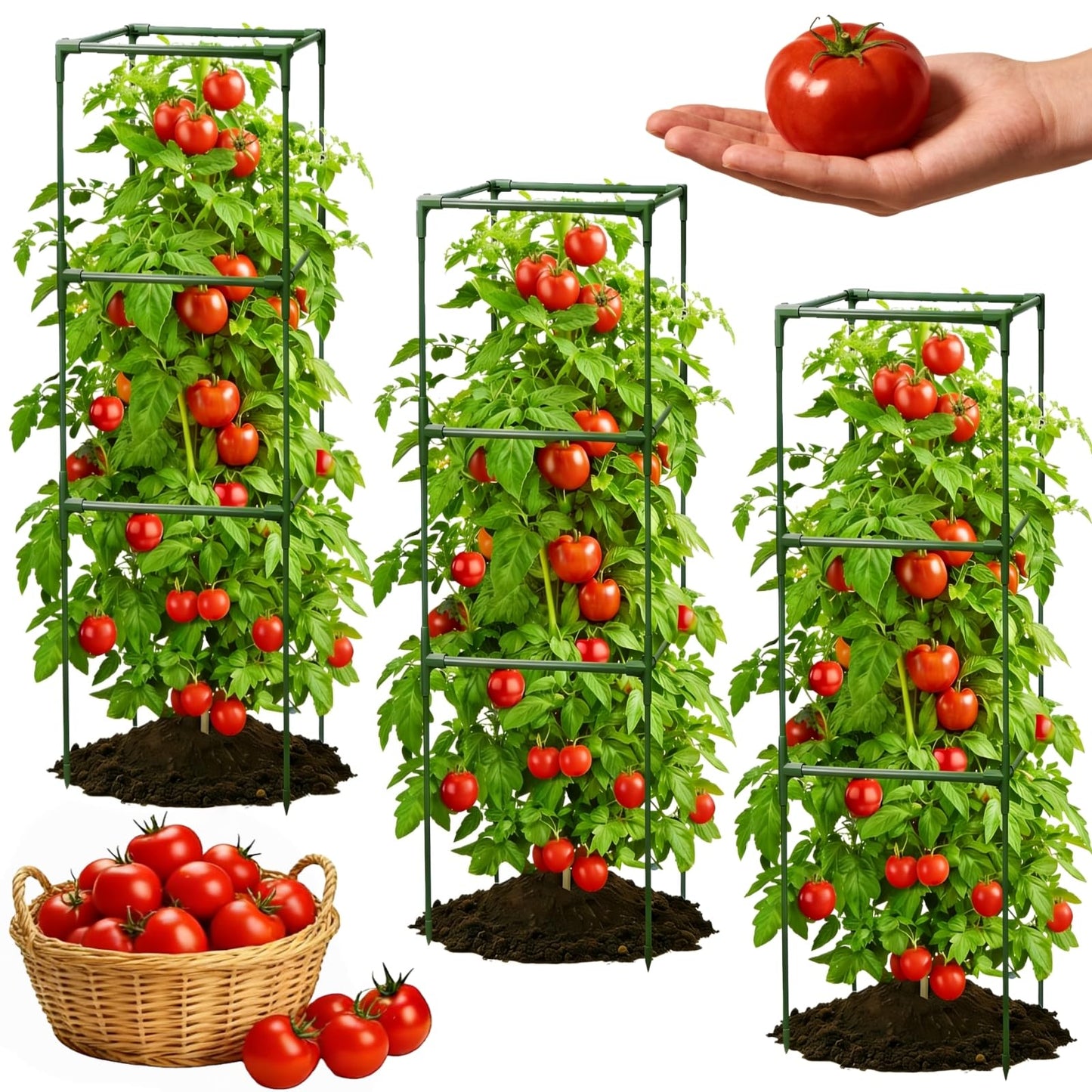 3 Pack Square Tomato Cages for Garden, 48 Inch Tall Heavy Duty Metal Tomato Plant Support Trellis, Adjustable Large Tomato Stakes for Outdoor Pots Climbing Plants, Vegetables, Cucumber