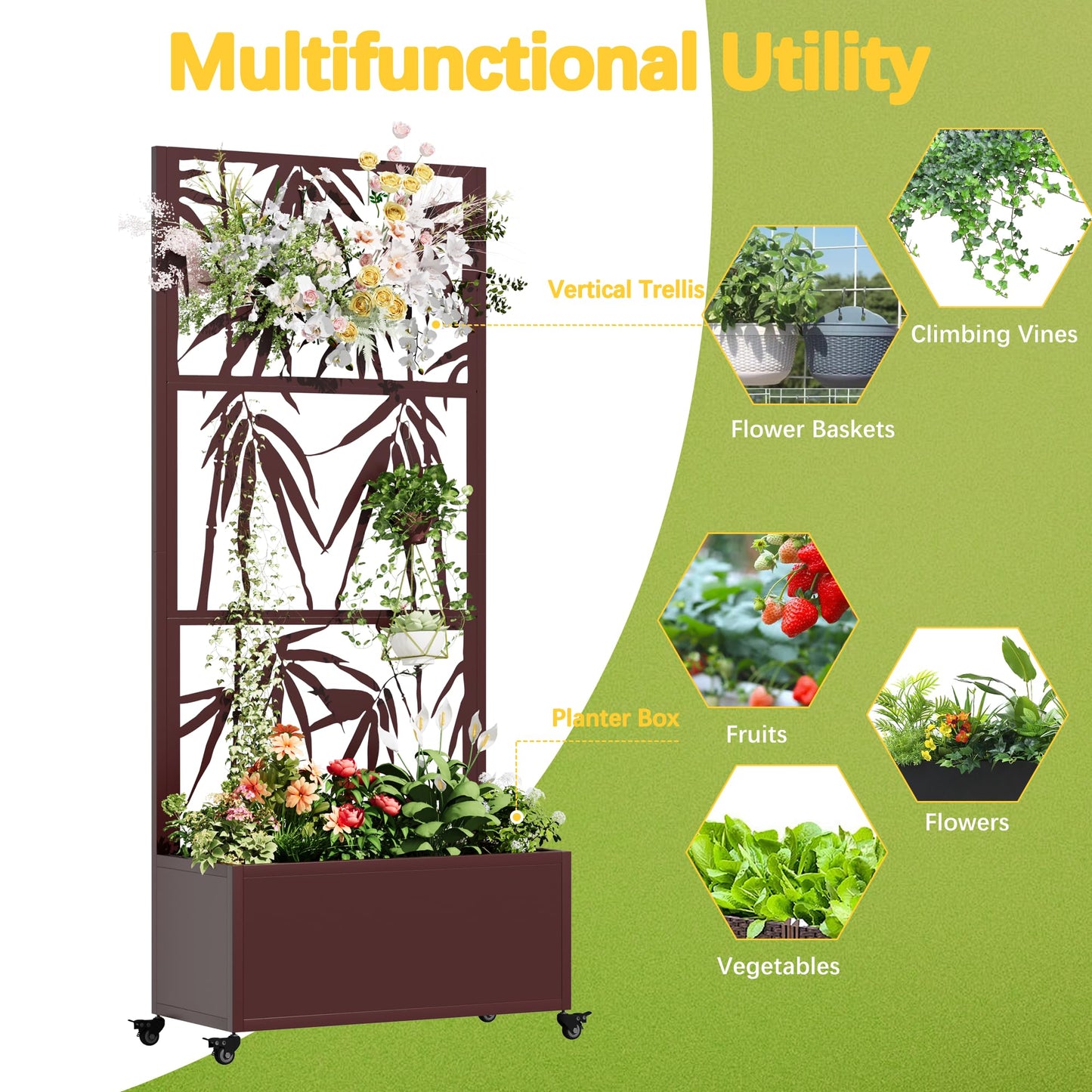 UPHYB Metal Planter Box with Trellis, 71"x 35"x 16" Raised Garden Bed with Trellis, Planter Box Trellis with Privacy Screen, Drainage Holes and 4 Lockable Wheels, Brown, Bamboo Style