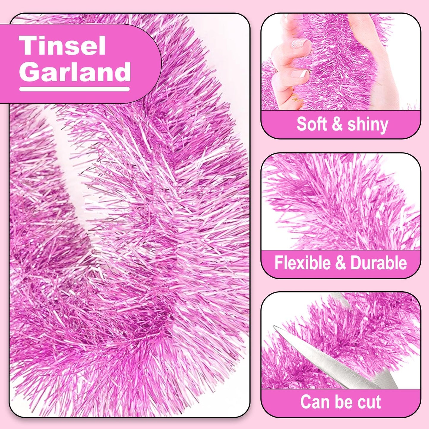 50 Feet Christmas Tinsel Garland, Metallic Twist Garland Wall Hanging Tinsel Garland Backdrop for Parade Floats, Carnival, Birthday, Wedding, New Year Party Decorations (Macaron Pink, 2in x 50ft)