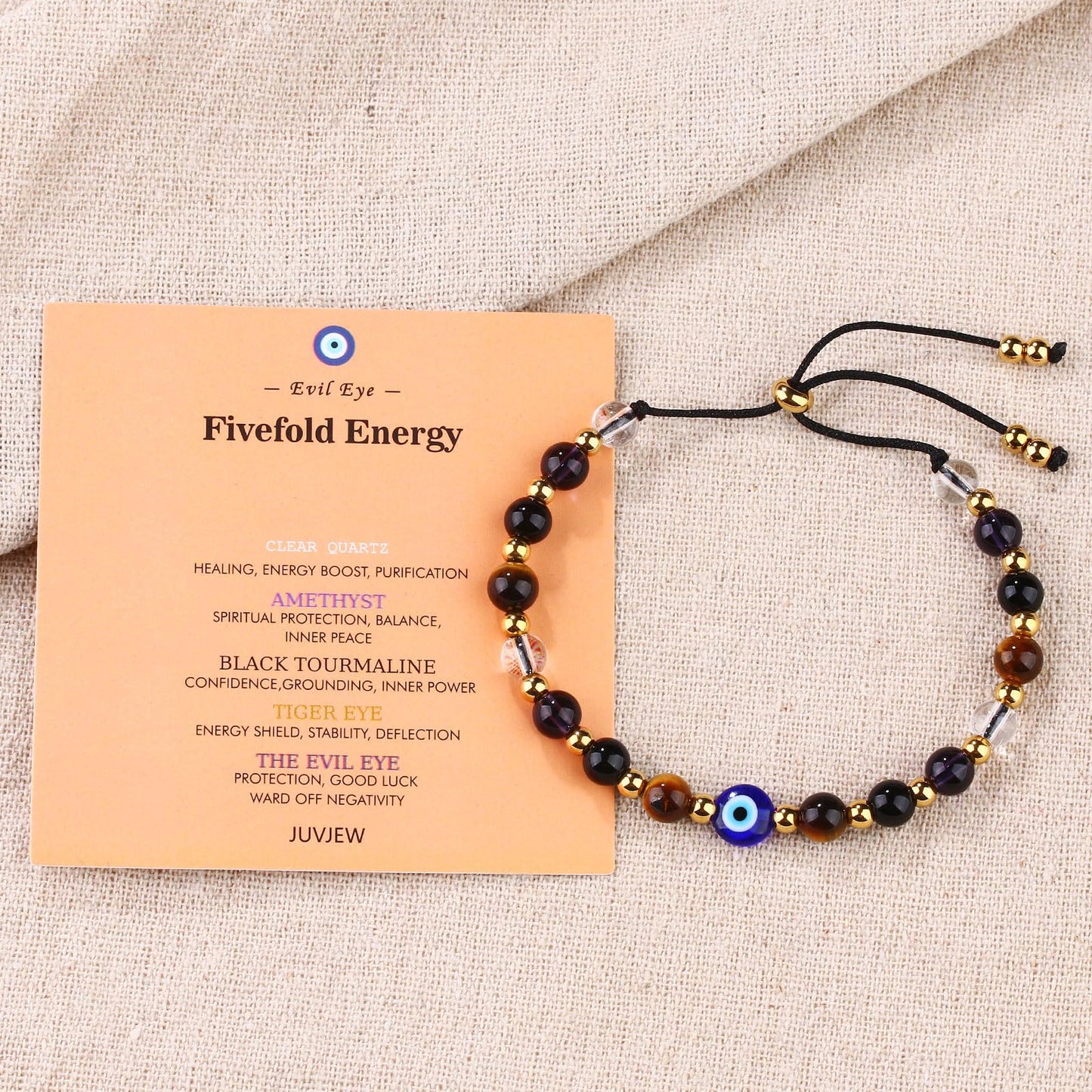 Cute Evil Eye Bracelet Red Black - Natural Crystal Protection Adjustable Spiritual Guardian Jewelry- 5 Healing Stones Clear Quartz Amethyst Black Tourmaline Tiger Eye Bracelet Adjustable (Blue Eye-Black Rope)