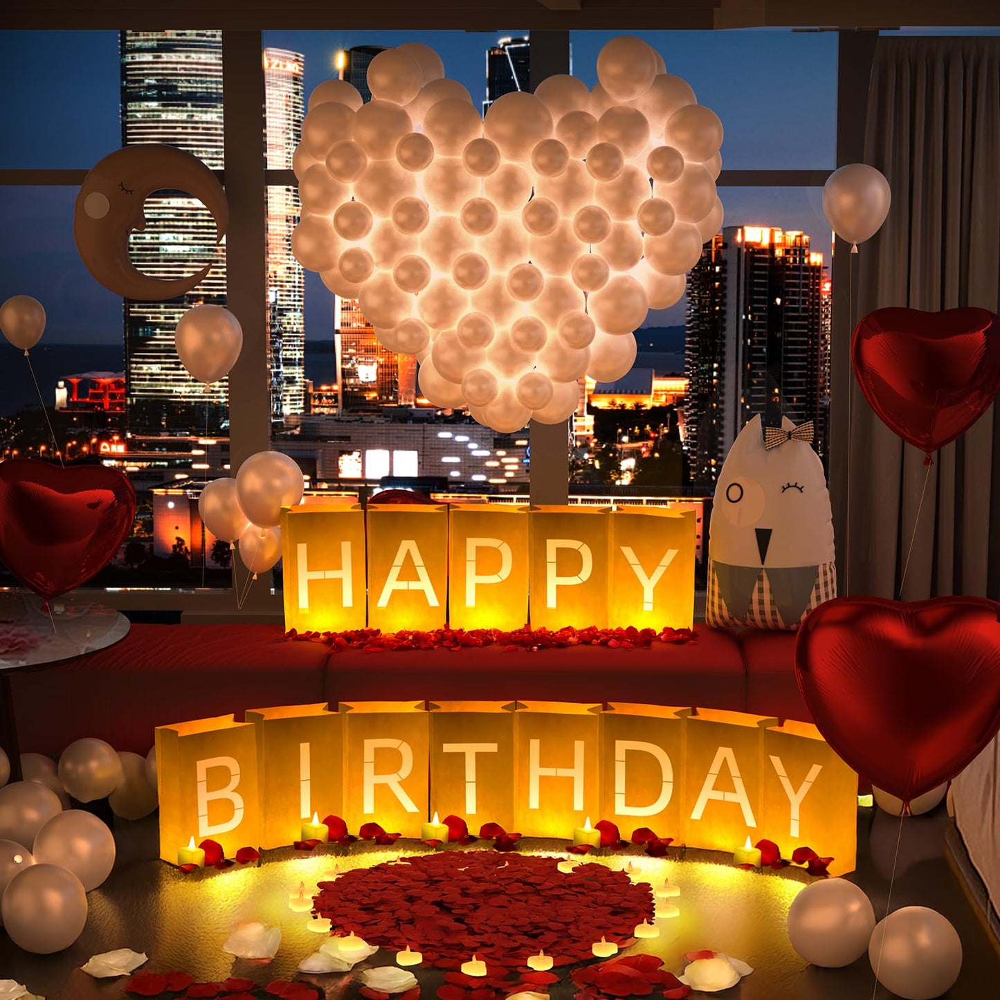 Peledic Happy Birthday Decorations, Include Light up Letters, with Tea Lights Candles, Latex Balloons, Aluminum Balloons and Rose Petals, Special Festival, Surprise Gifts Banner for Women and Men