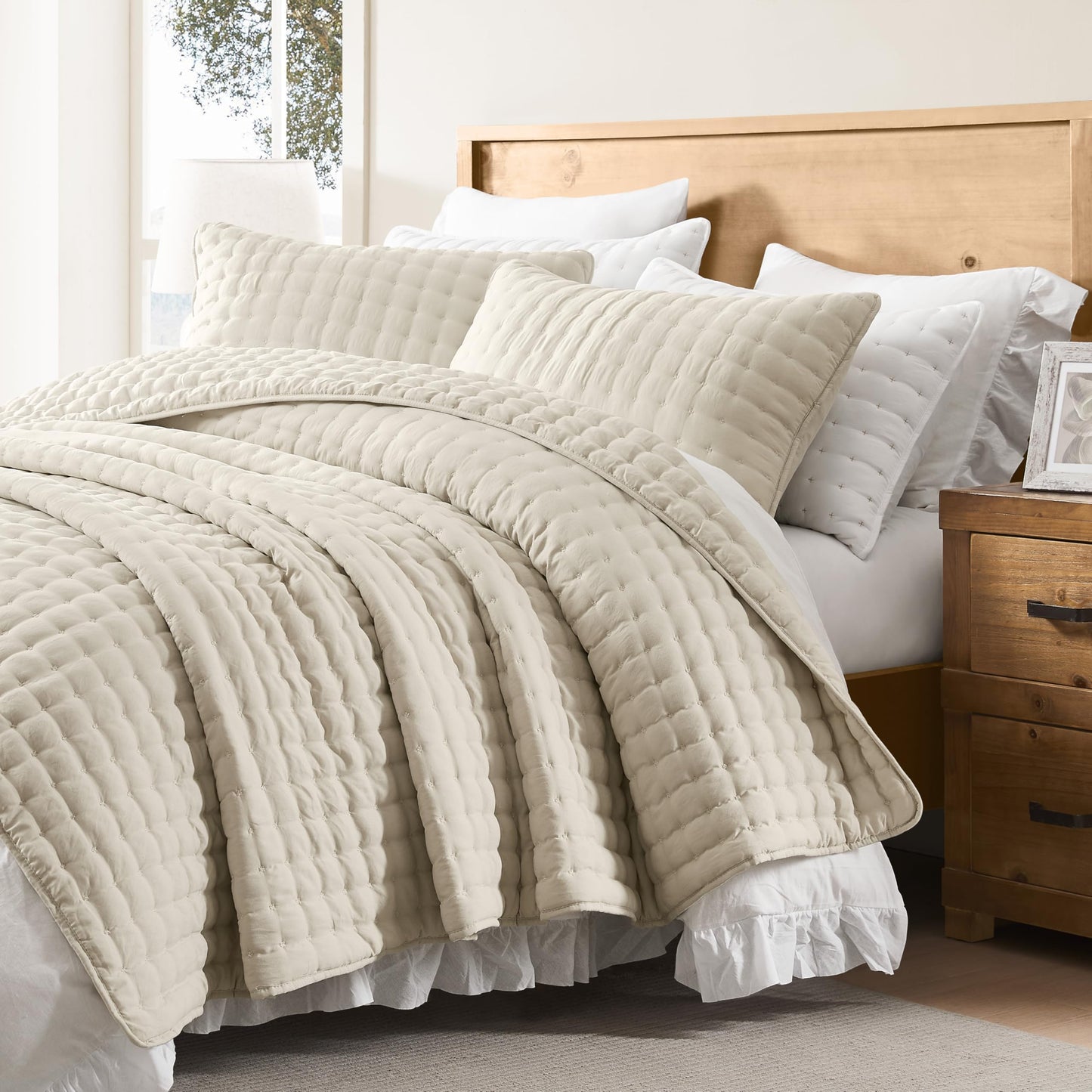 WDCOZY Beige King Size Quilt Bedding Sets with 2 Pillow Shams, Neutral Lightweight Soft Bedspread Coverlet, Quilted Blanket Thin Comforter Bed Cover for All Season, 3 Pieces, 104x90 inches