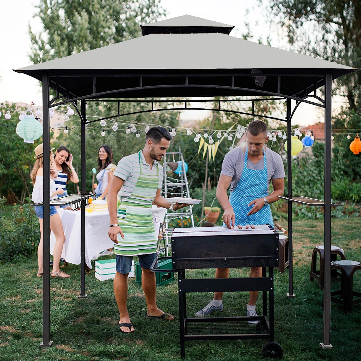 Grill Gazebo Replacement Canopy Top - Wonwon 5x8 Gazebo Roof Double Tiered Outdoor BBQ Roof Cover Grill Shelter Only Fit for Model L-GG001PST-F (Gray)