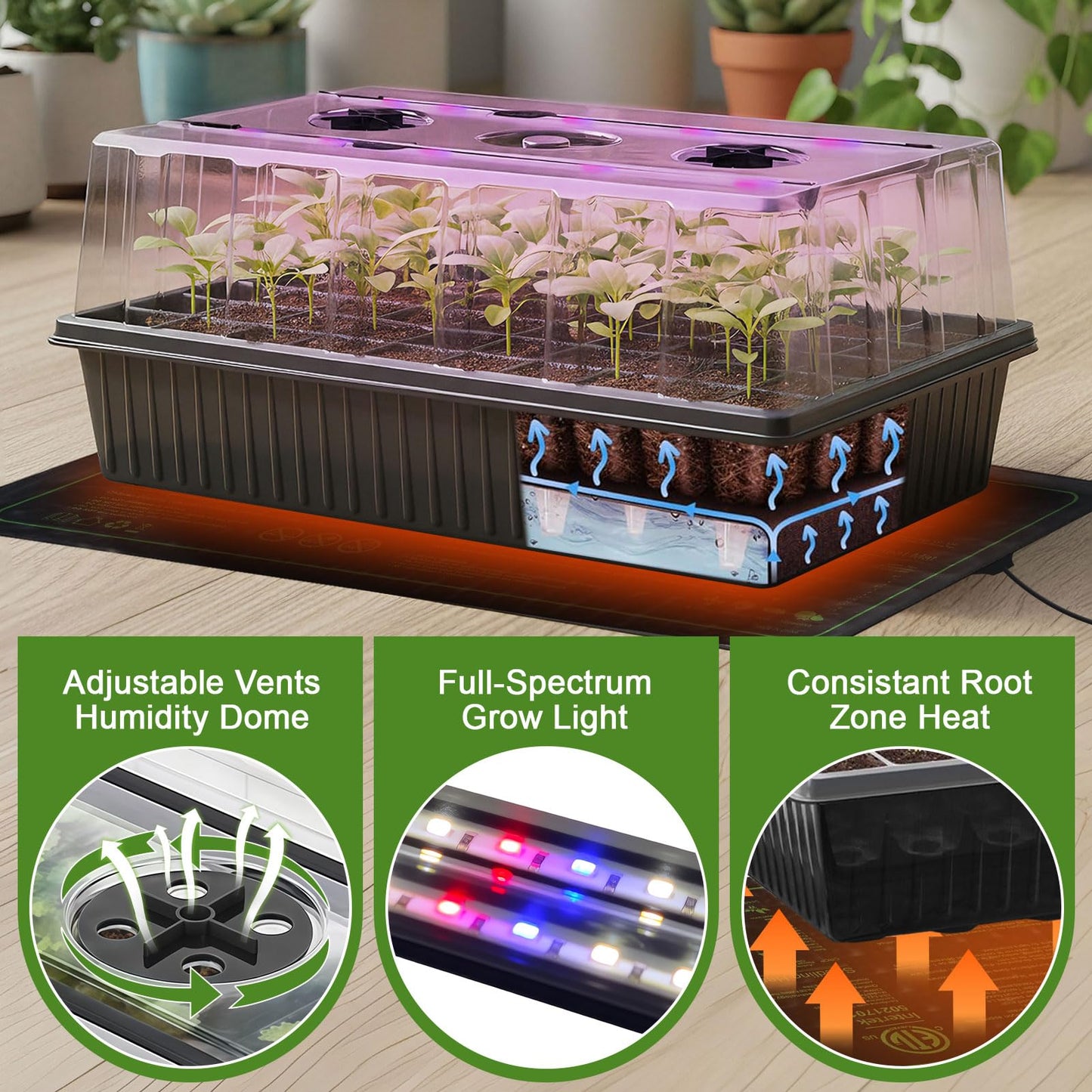 120-Cell Self-Watering Seed Starter Tray with Grow Light, Indoor Seed Starting Kit Trays with Heat Mat, Adjustable Brightness Plant Germination Trays Growing Kit with 4.13" Humidity Dome for Seed Grow