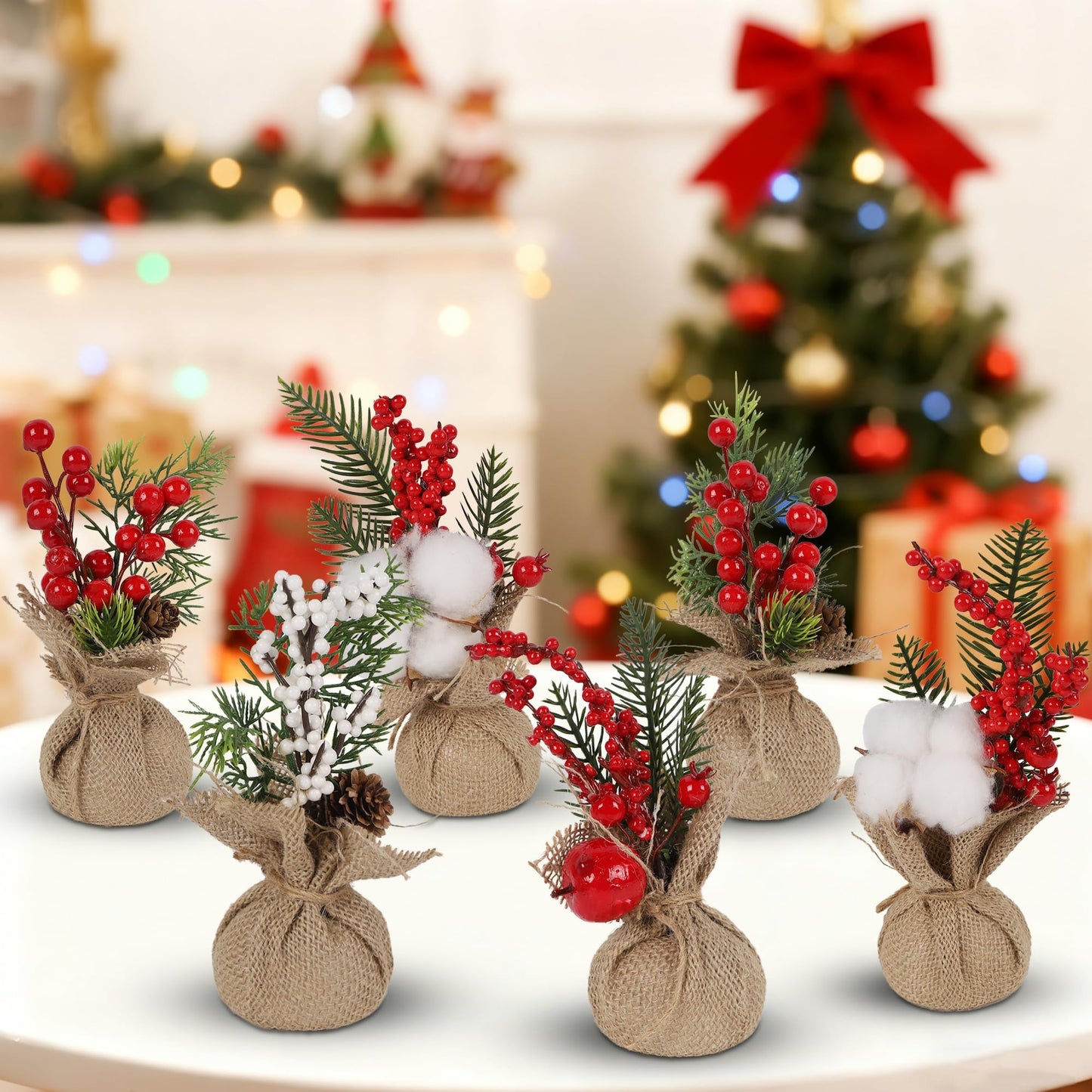 winemana 6 Pcs Mini Christmas Tree Table Decorations, 8" Small Artificial Trees with Red Berries Pine Cone Greenery Tabletop Centerpiece for Home Office Room Holiday Decorations