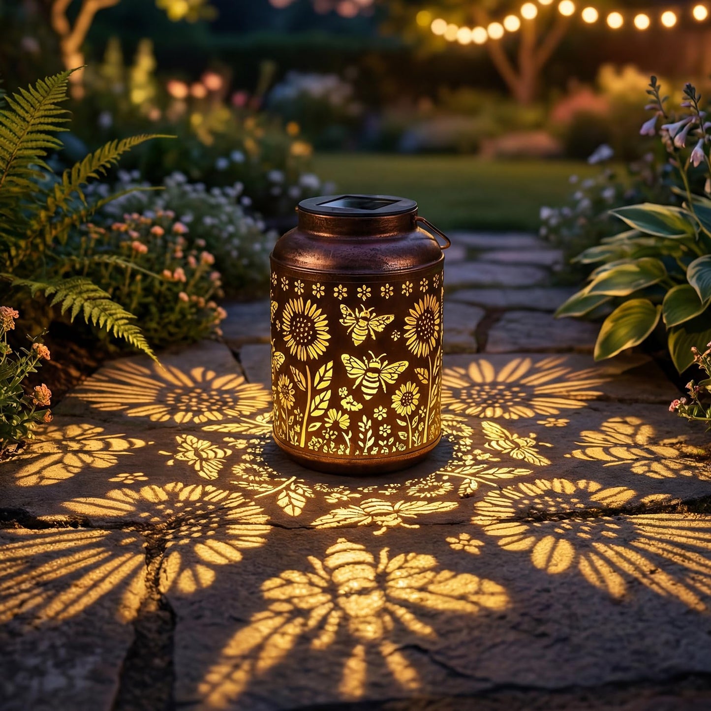 Calenzana Outdoor Waterproof Solar Lanterns Bee & Sunflower Hanging Solar Garden Light, Christmas Birthday Gifts for Women Mom Grandma, Metal Solar Decoration Outside for Yard, Patio, Backyard, Porch